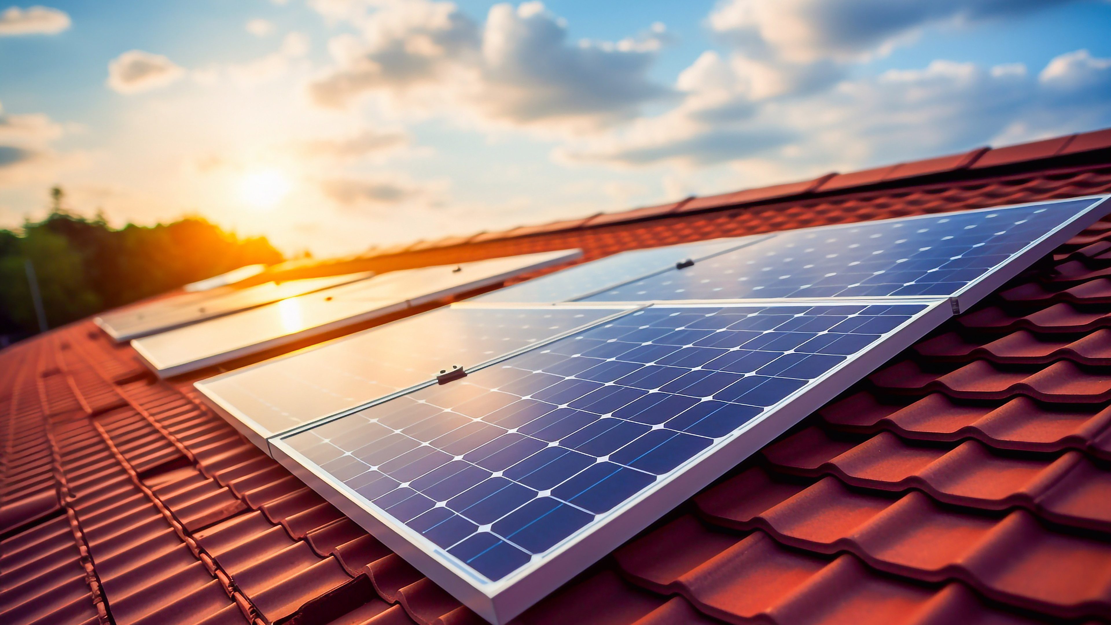 Toit de la maison en tuiles brun-rouge. Le toit est équipé d’installations photovoltaïques et le soleil brille.