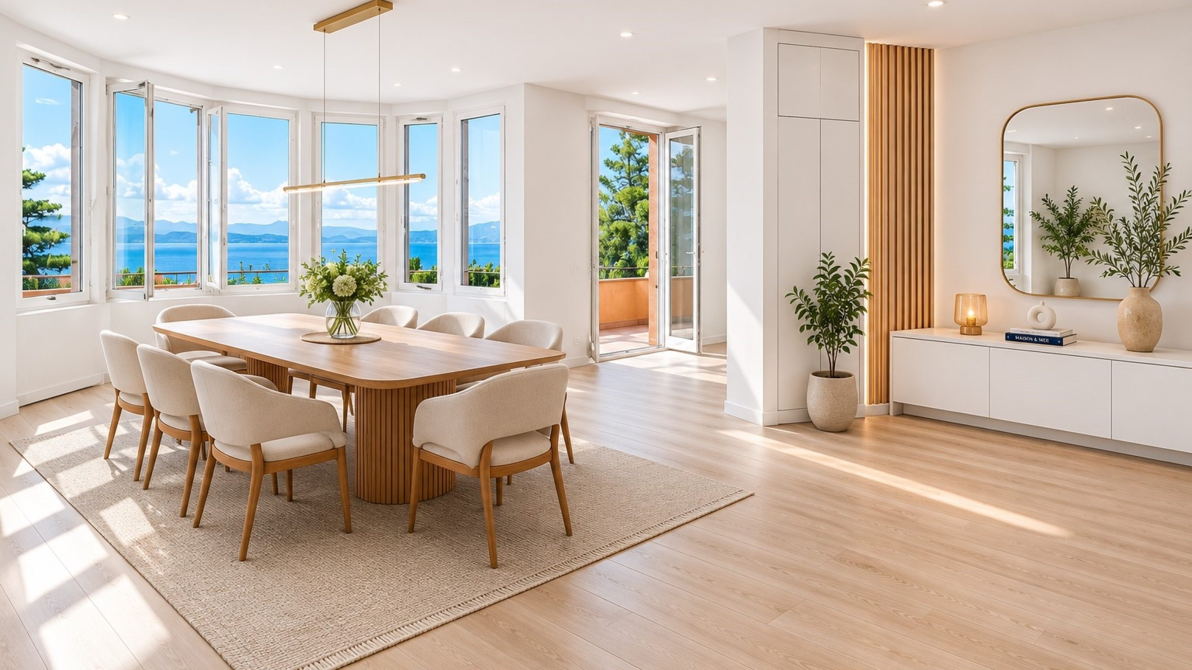 Grand salon lumineux avec une table à manger et des chaises. La porte du balcon est ouverte et les fenêtres donnent sur les arbres, les montagnes et le lac.