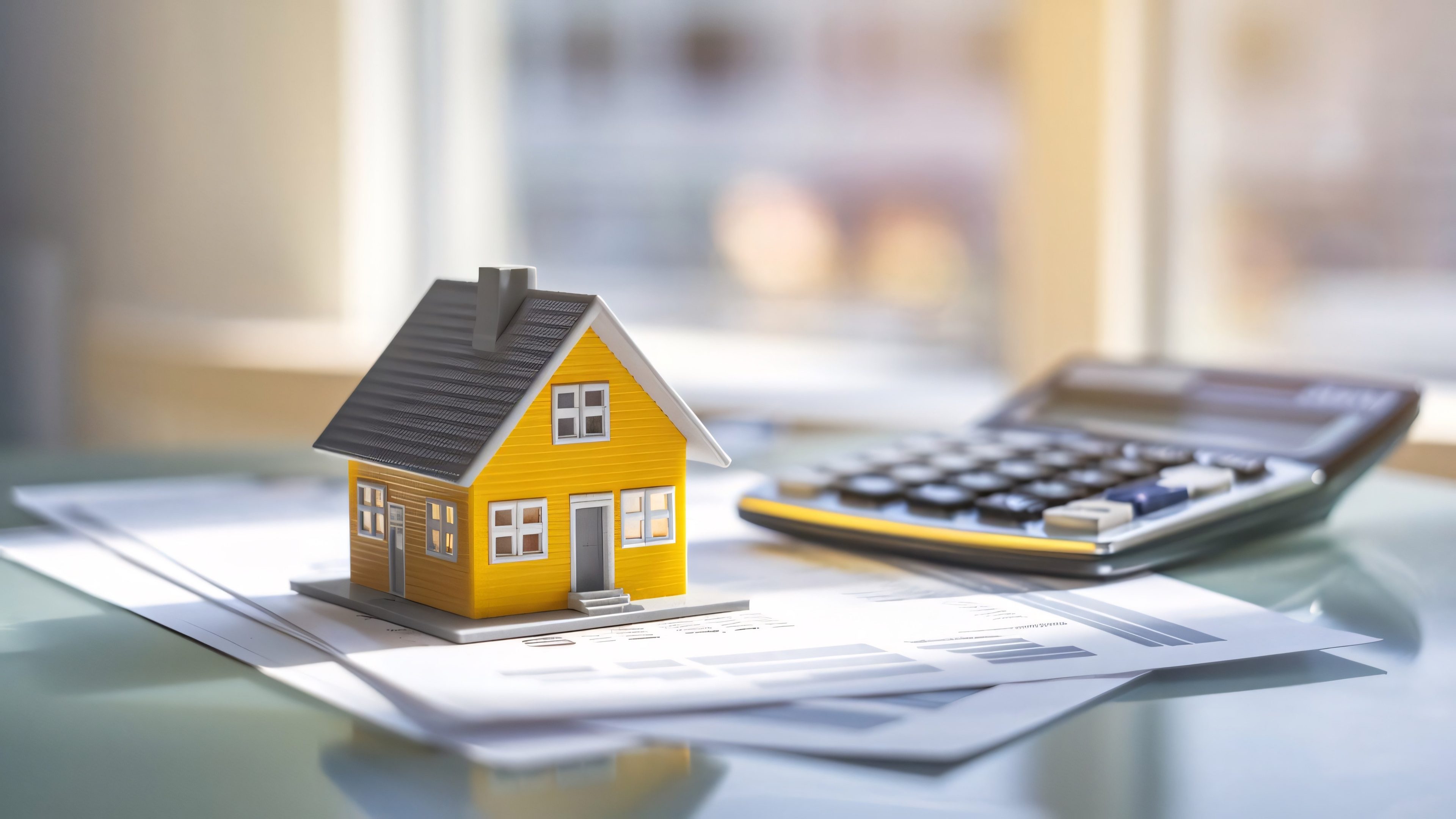 Table de bureau avec différents documents, une calculatrice et une maison modèle jaune dessus.