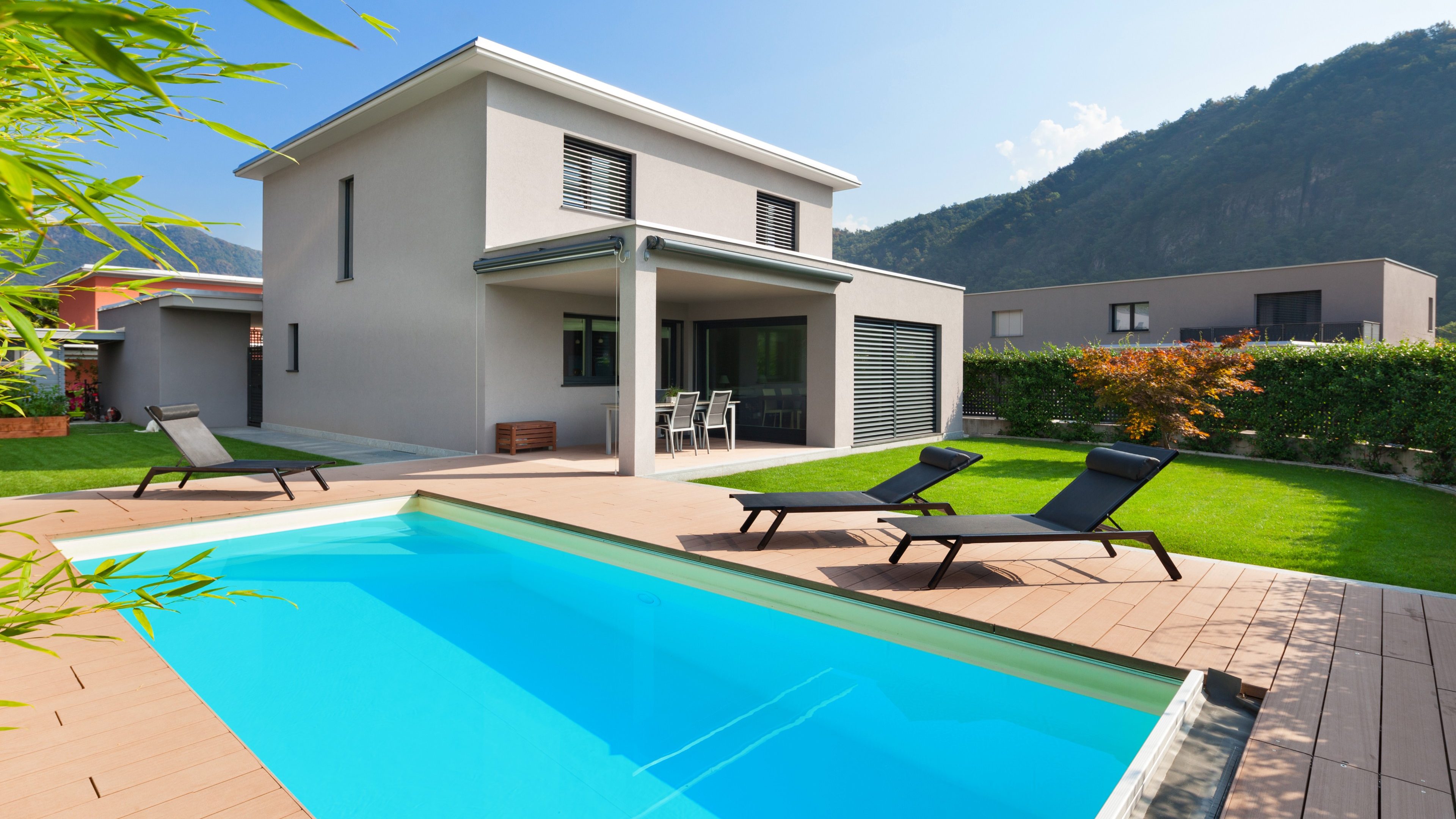 swimming pool of a modern house, outdoors
