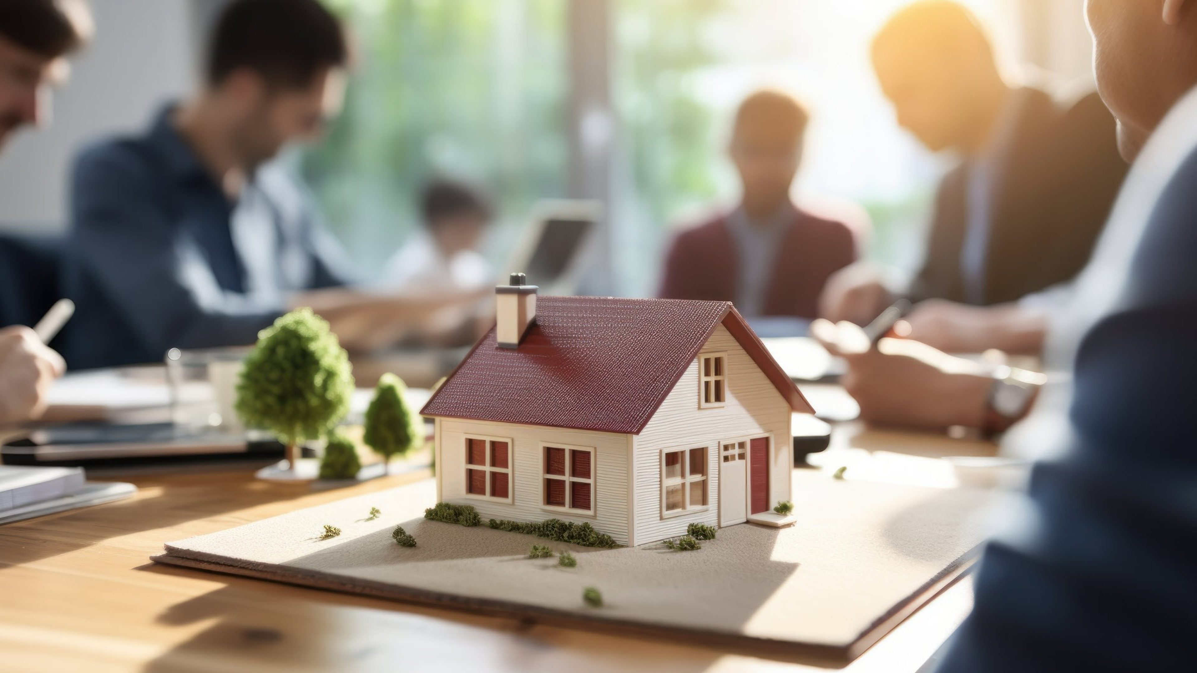 Quelques personnes sont assises à une table. Elles discutent et prennent des notes. Au premier plan, il y a une maison modèle.