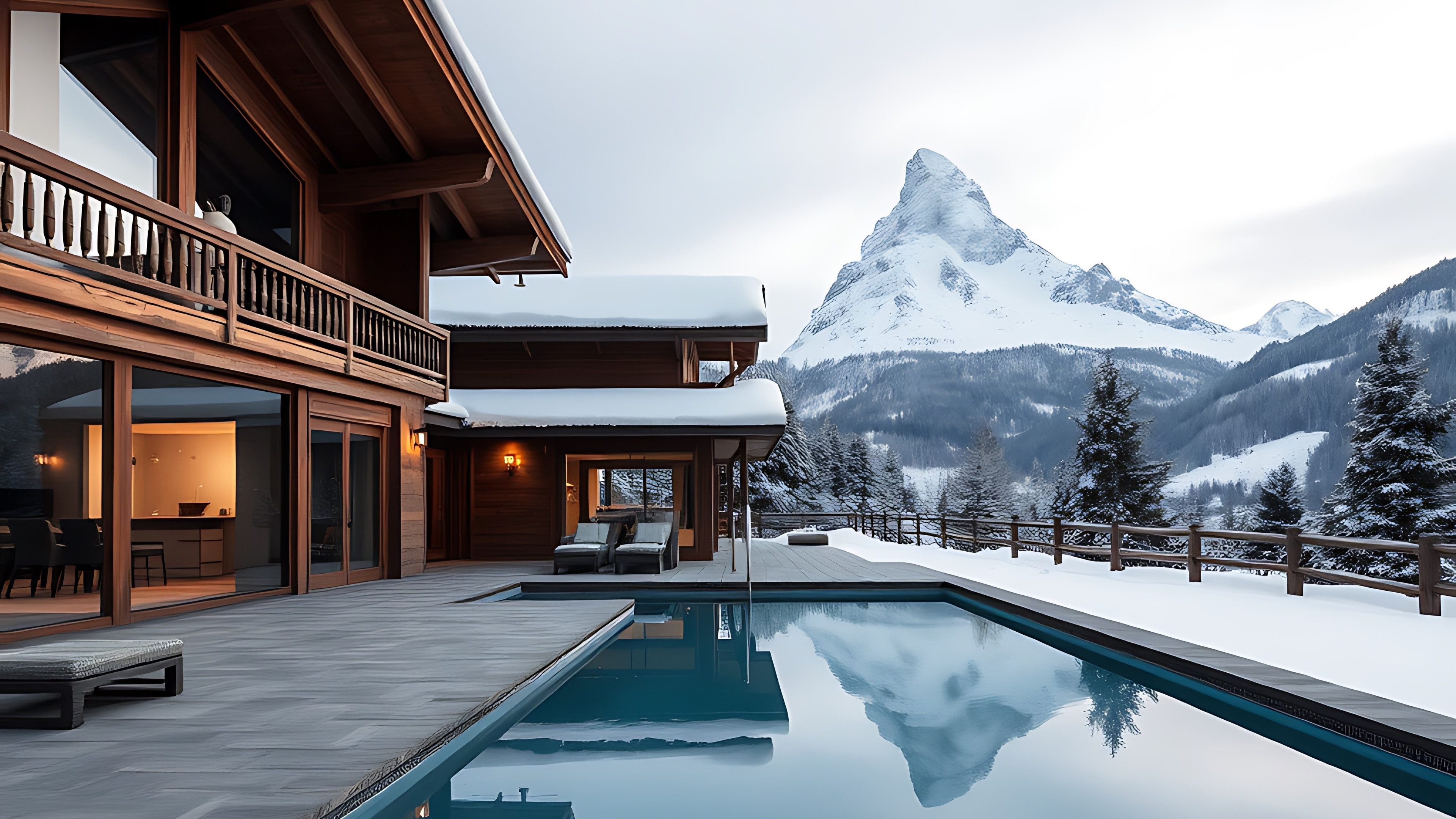 Grand chalet en bois avec balcon et grande terrasse avec piscine. En arrière-plan, on voit le Cervin enneigé.
