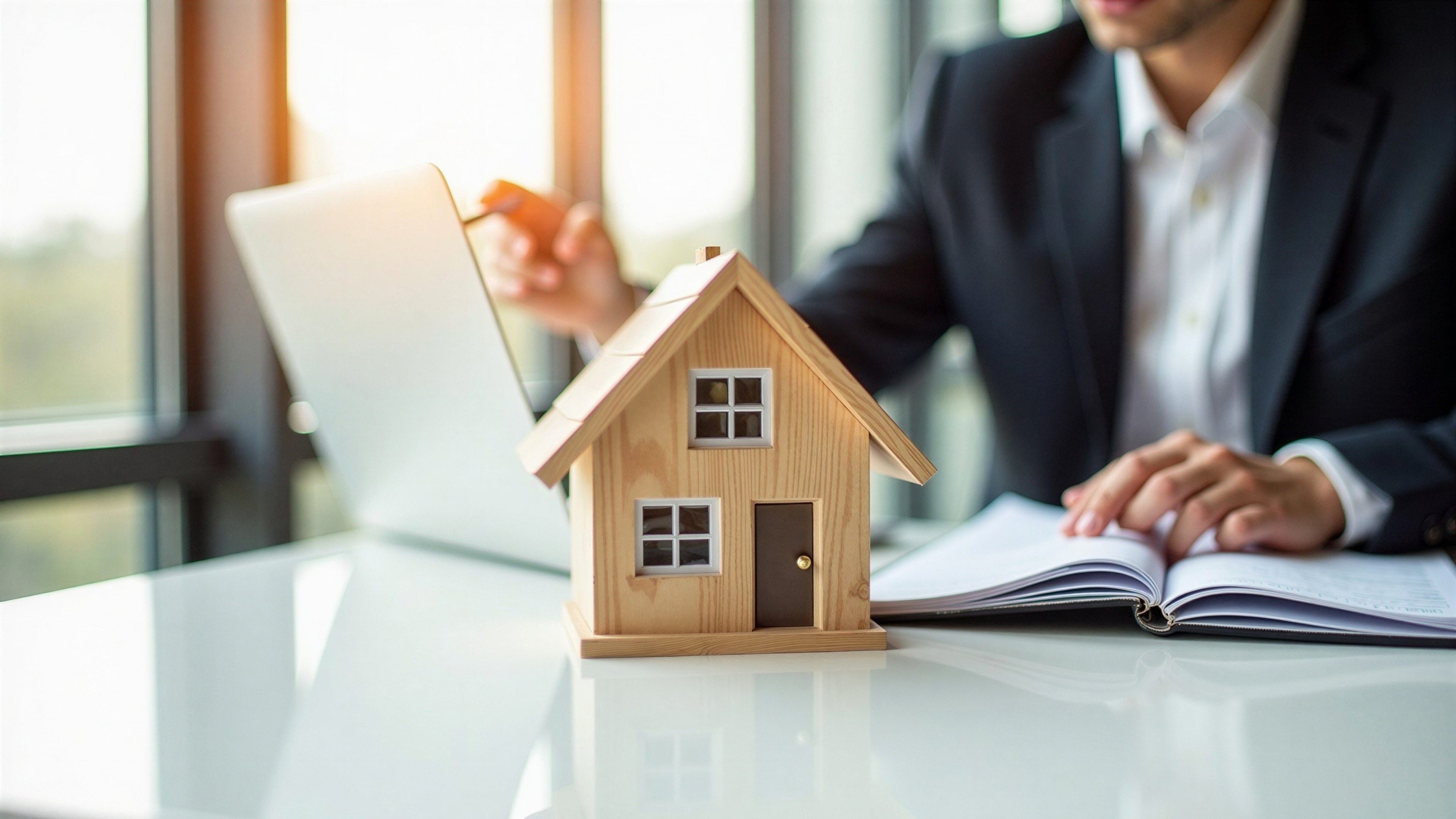 Un homme est assis à un bureau blanc et pointe le doigt sur l’ordinateur portable. Un carnet et une maison miniature sont également posés sur le bureau.