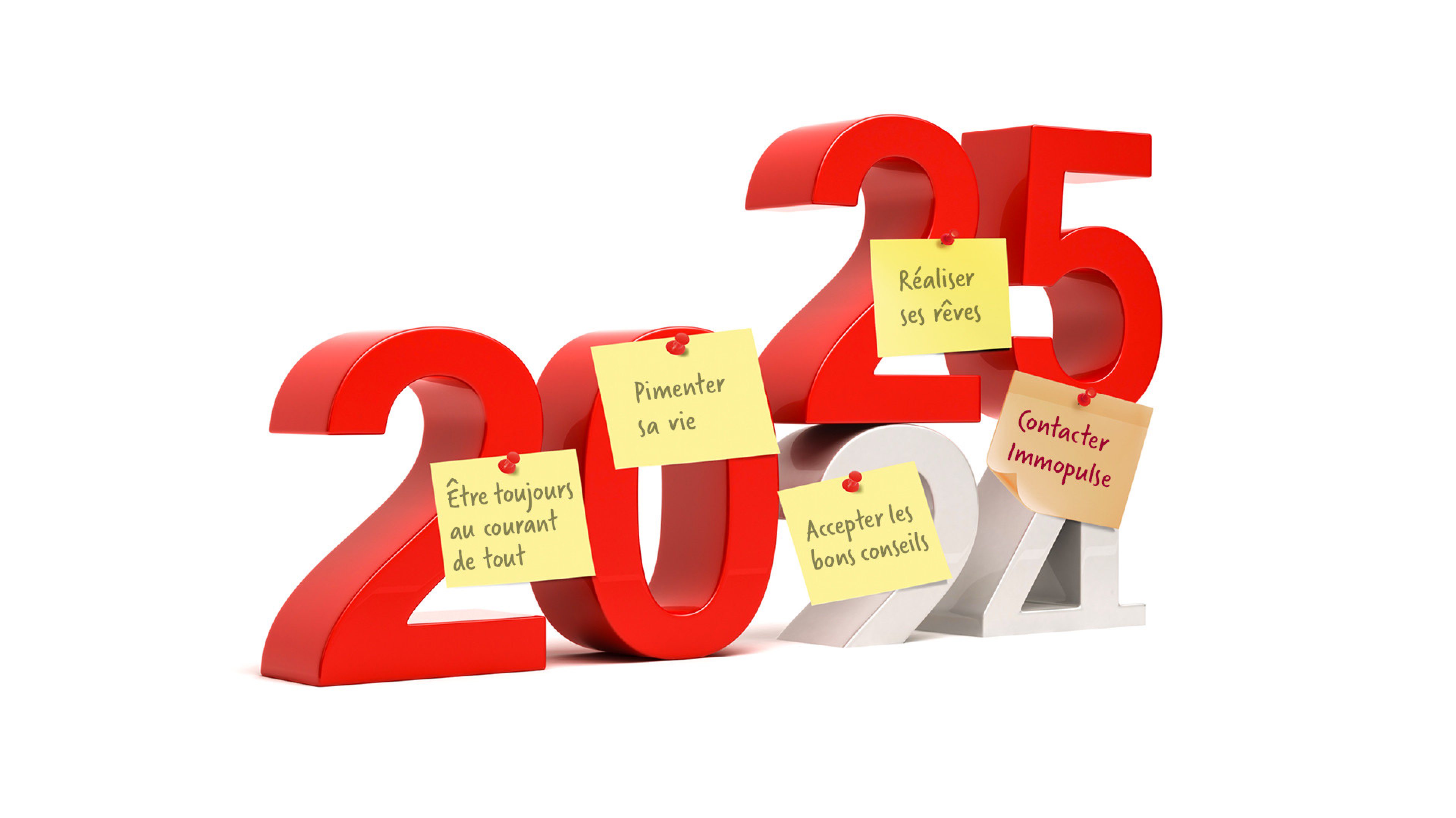 Le chiffre 2025 est représenté en rouge sur fond blanc. Différentes feuilles de résolutions sont collées aux chiffres.