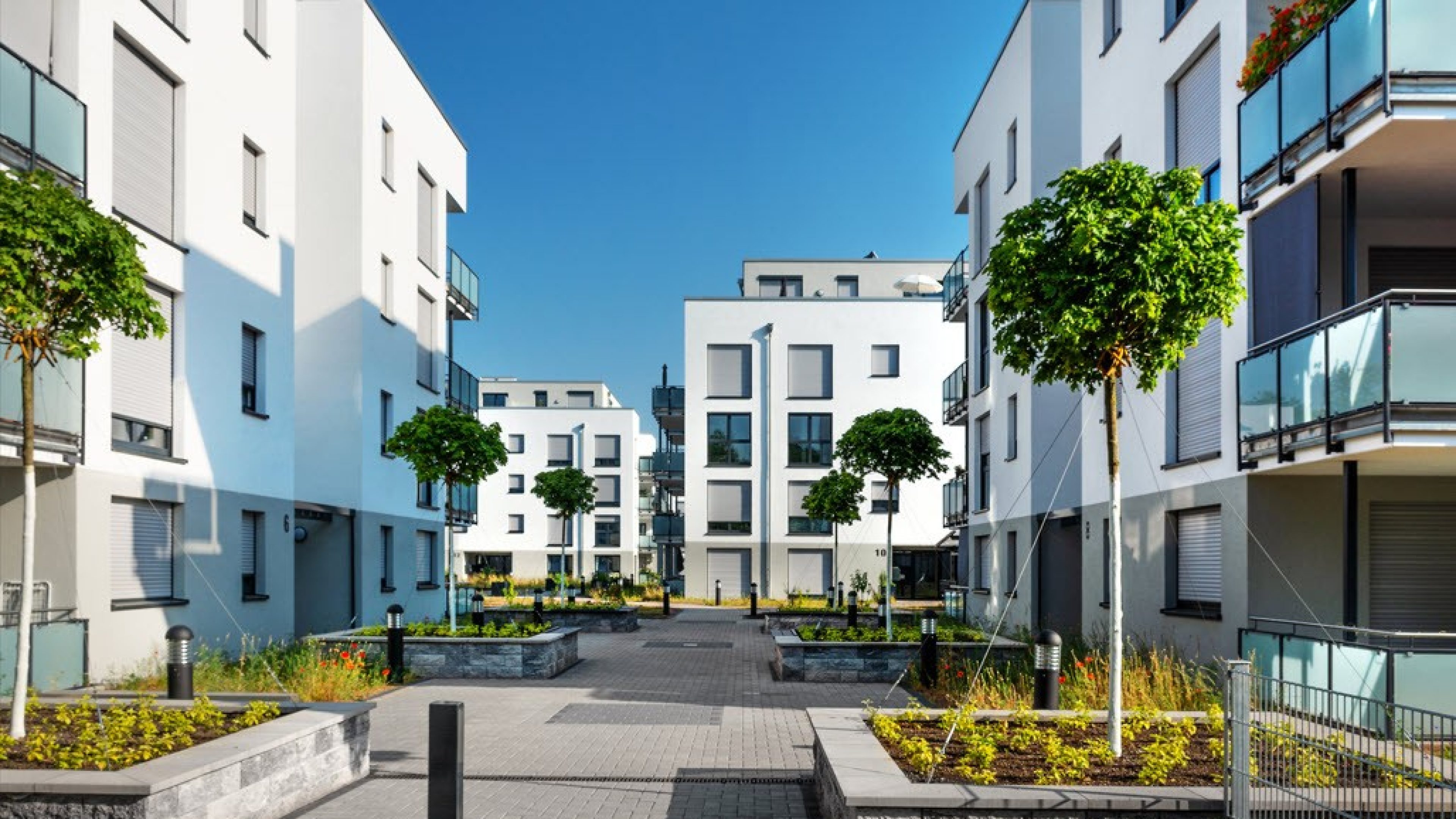 Immeubles locatifs modernes entourés de plantes et d’un ciel bleu.