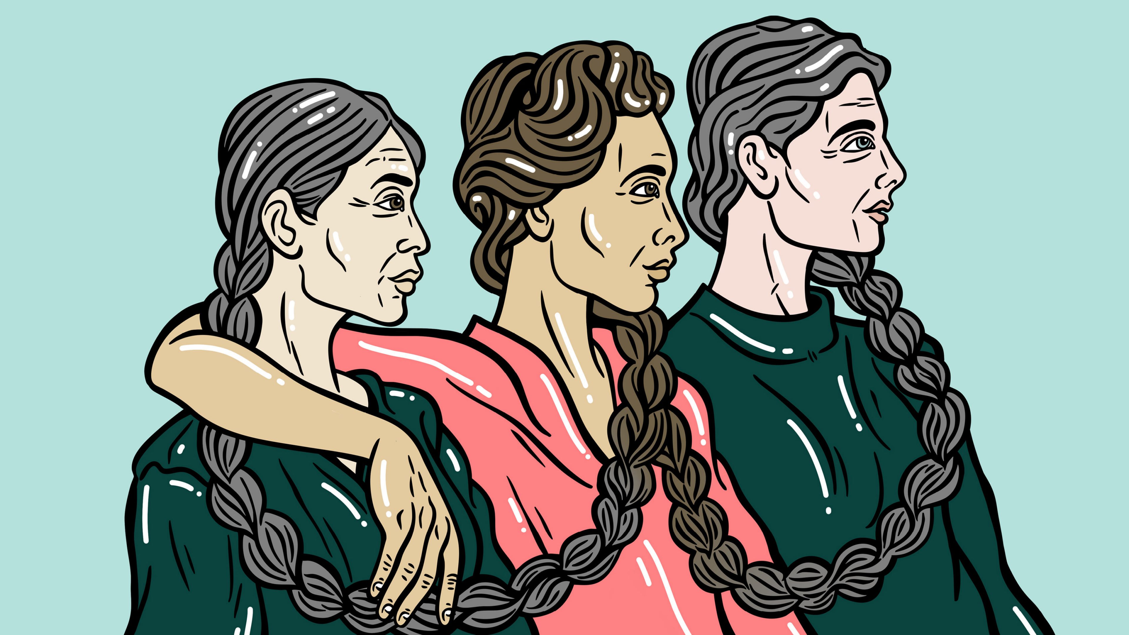 Illustration: Drei Frauen, deren Haare miteinander verflochten sind.