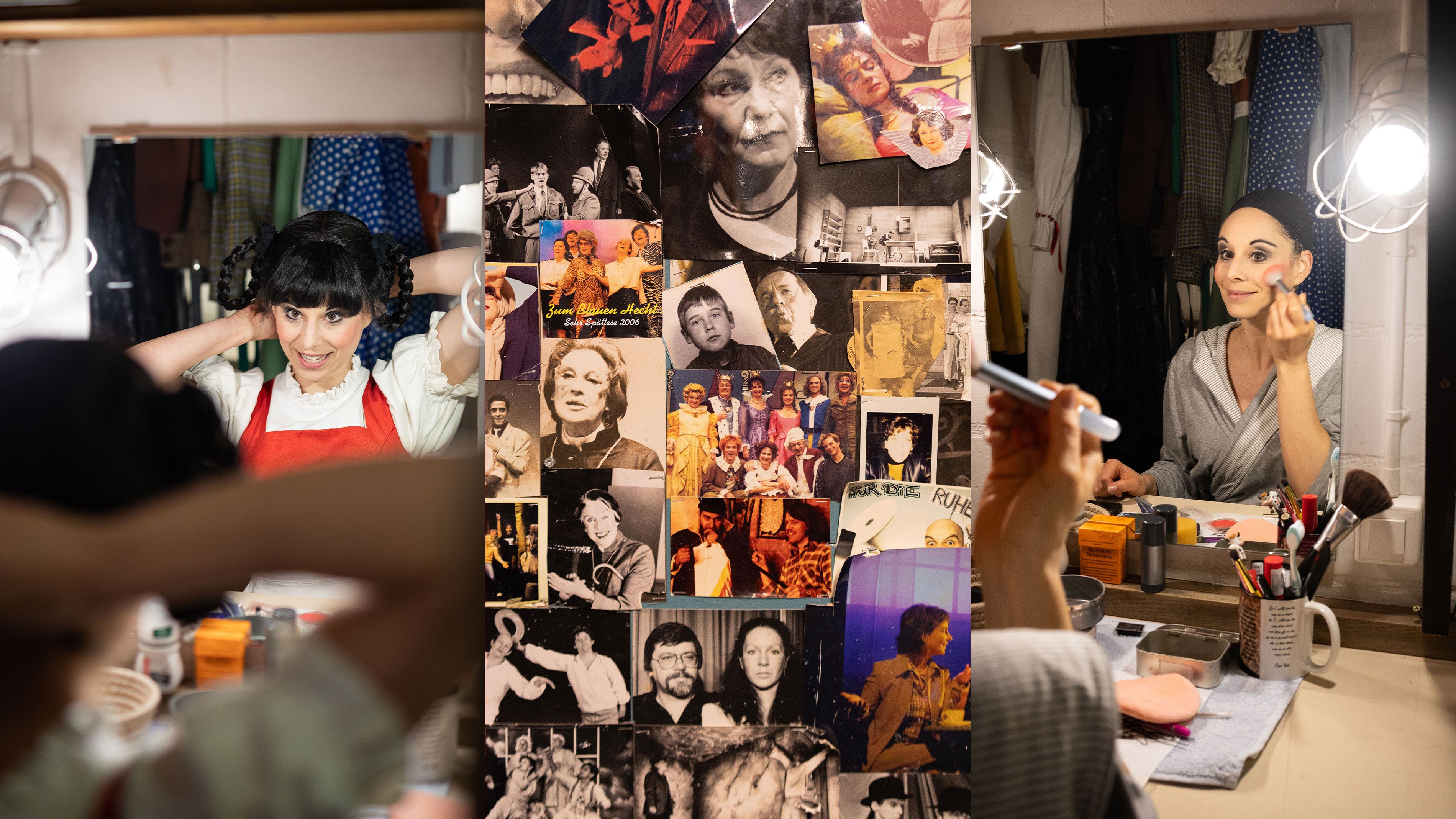 Collage di foto: Ramona Fattini indossa una parrucca teatrale e si trucca, Bacheca con diverse foto.