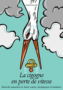 Illustration: Une cigogne vole la tête vers le bas et veut attraper une sucette avec sa sucette.