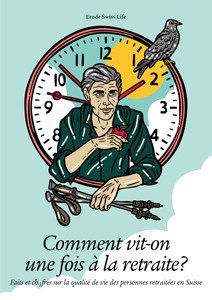Illustration d’un homme âgé. Il regarde depuis une montre et tient dans sa main gauche des bâtons de marche et dans sa main droite une pomme mordue.