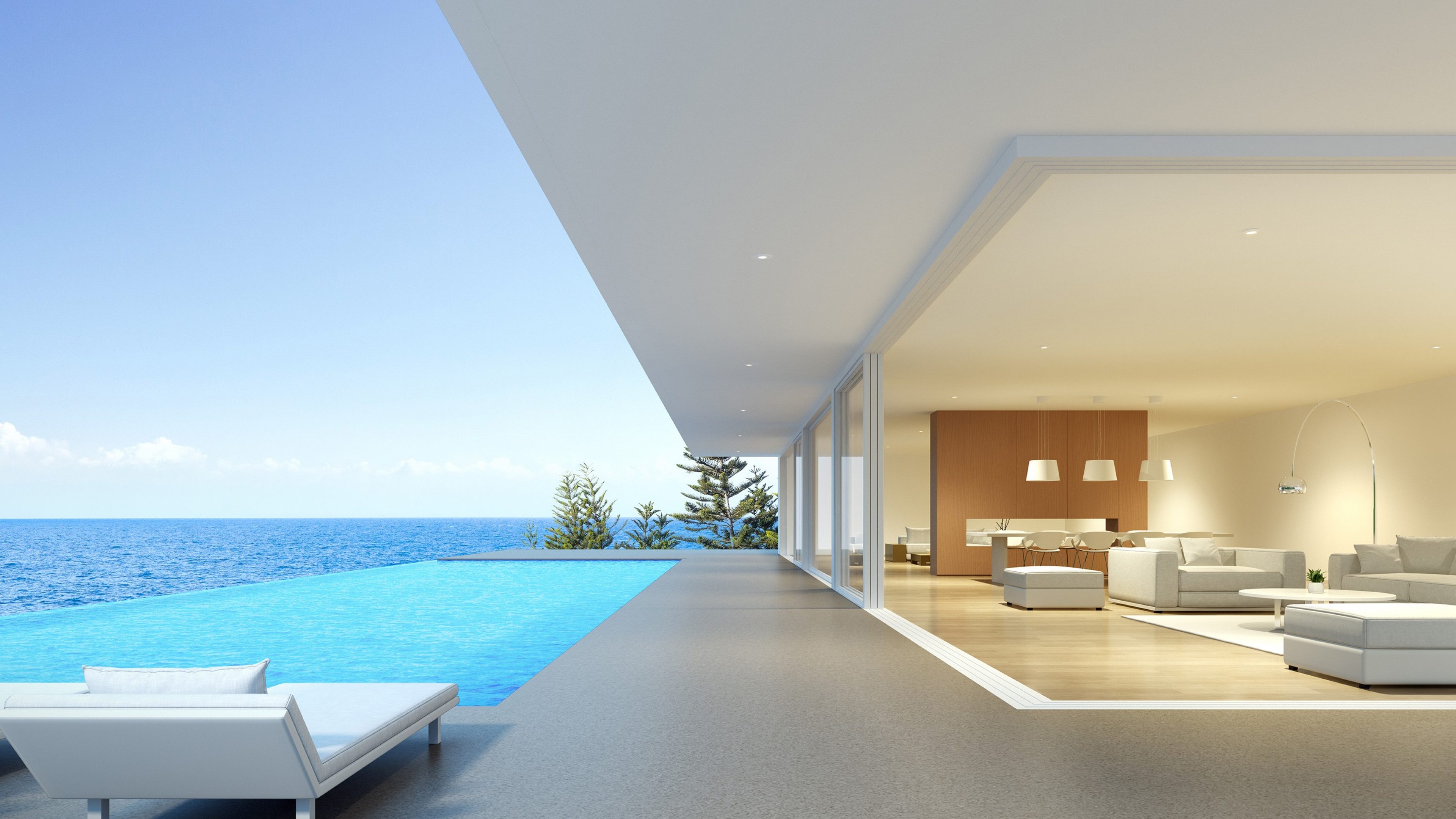 Perspective of modern luxury building with terrace and swimming infinity pool on sea view background,Idea of family vacation. 3D rendering.