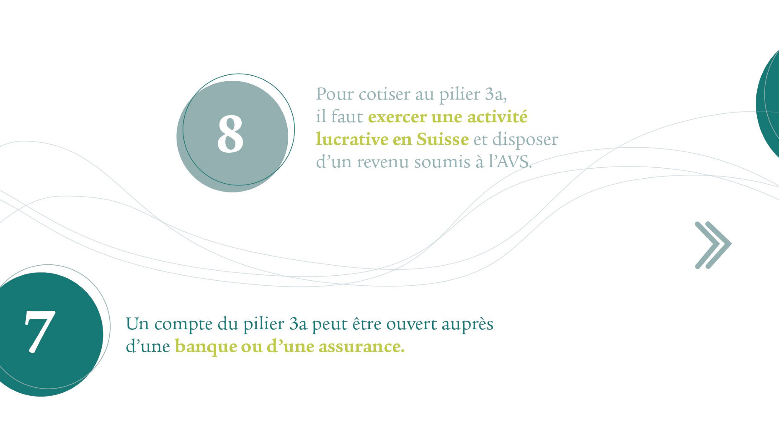 Point 7: un compte du pilier 3a peut être ouvert auprès d’une banque ou d’une assurance. Point 8: pour cotiser au pilier 3a, il faut exercer une activité lucrative en Suisse et disposer d’un revenu soumis à l’AVS. 