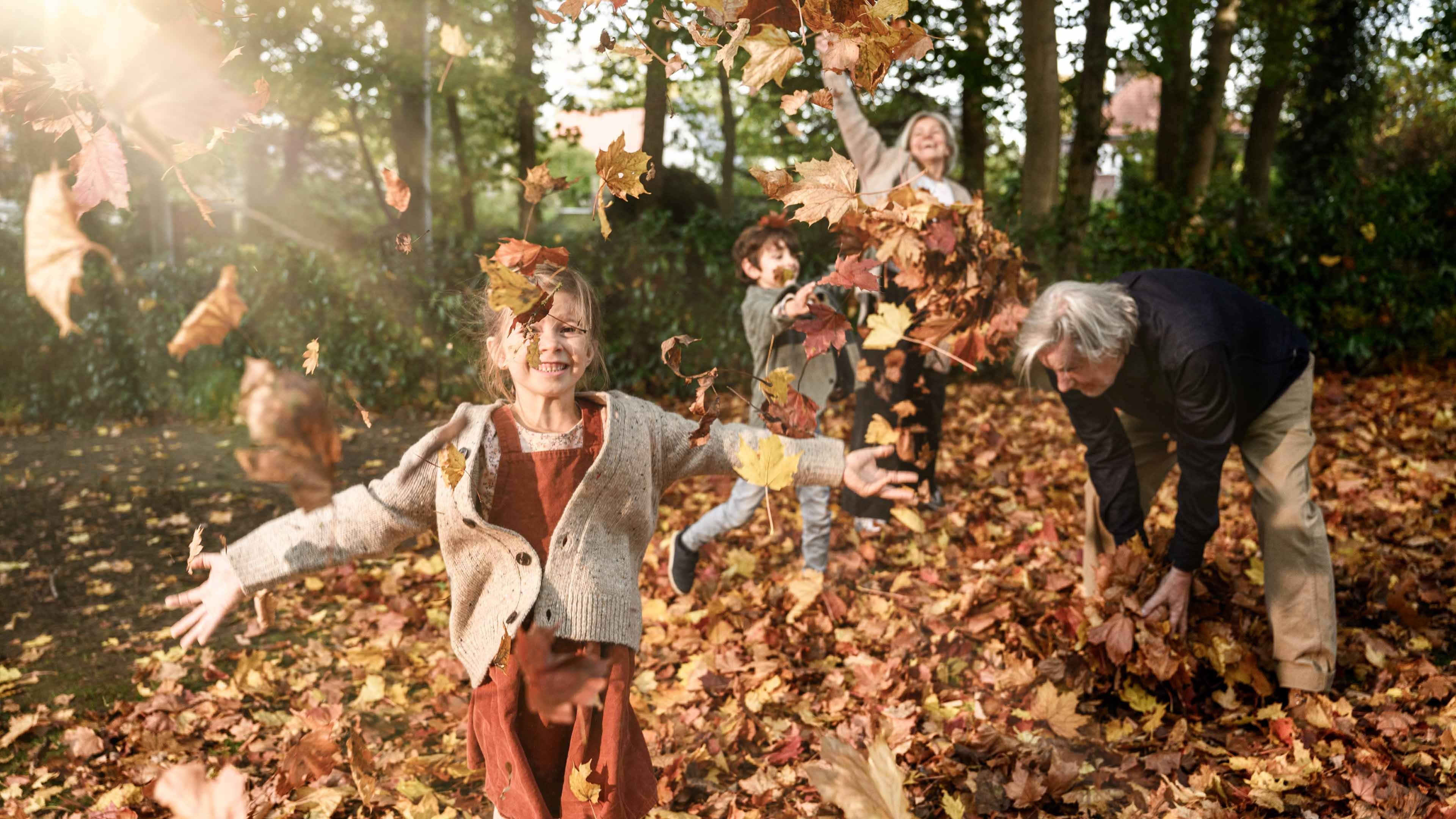 Une fille, un garçon et leurs grands-parents jouent avec des feuille.