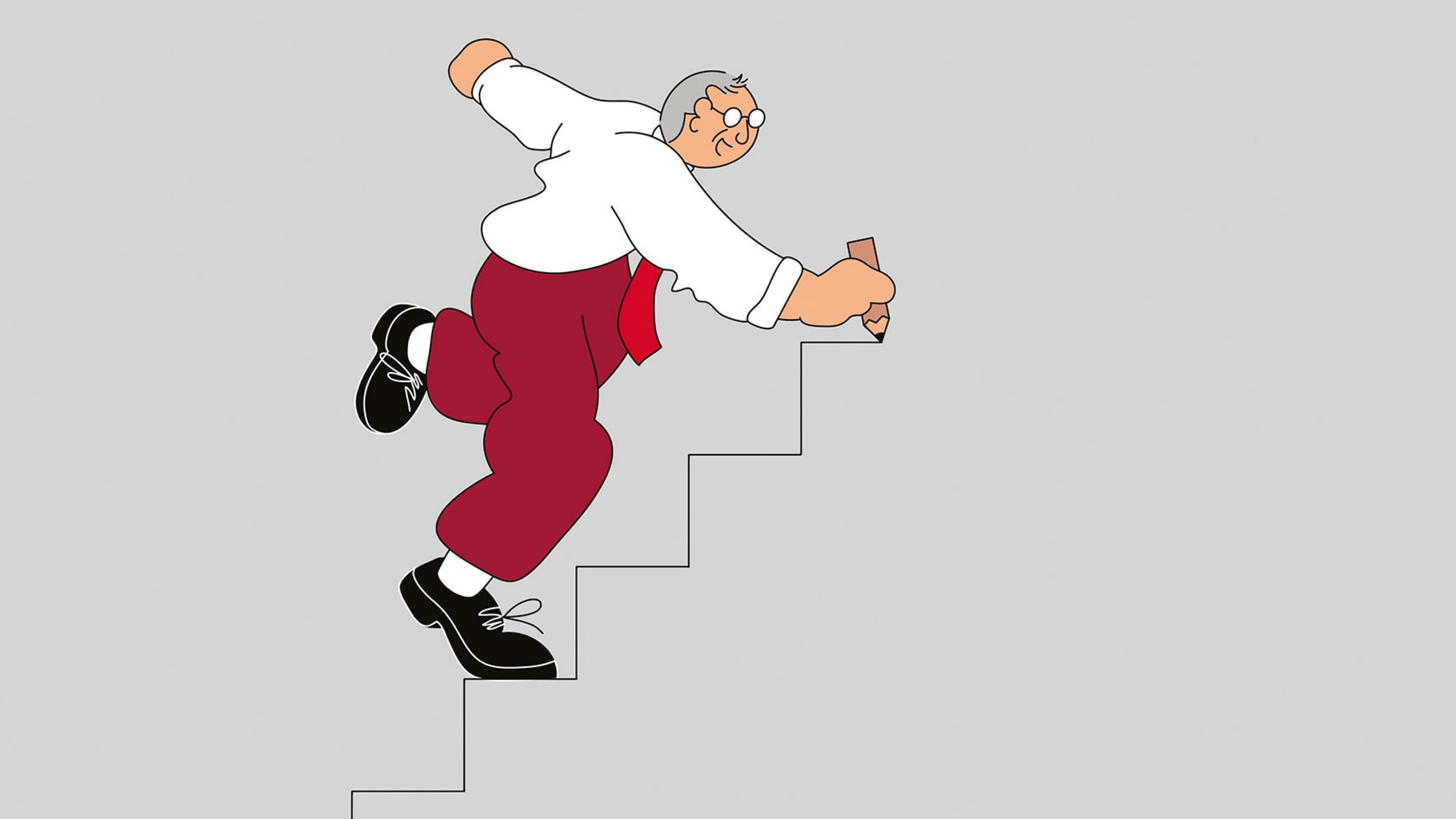 Illustration d’un homme âgé portant des lunettes, une chemise blanche, une cravate rouge et un pantalon rouge. Il monte un escalier qu’il esquisse au crayon. 