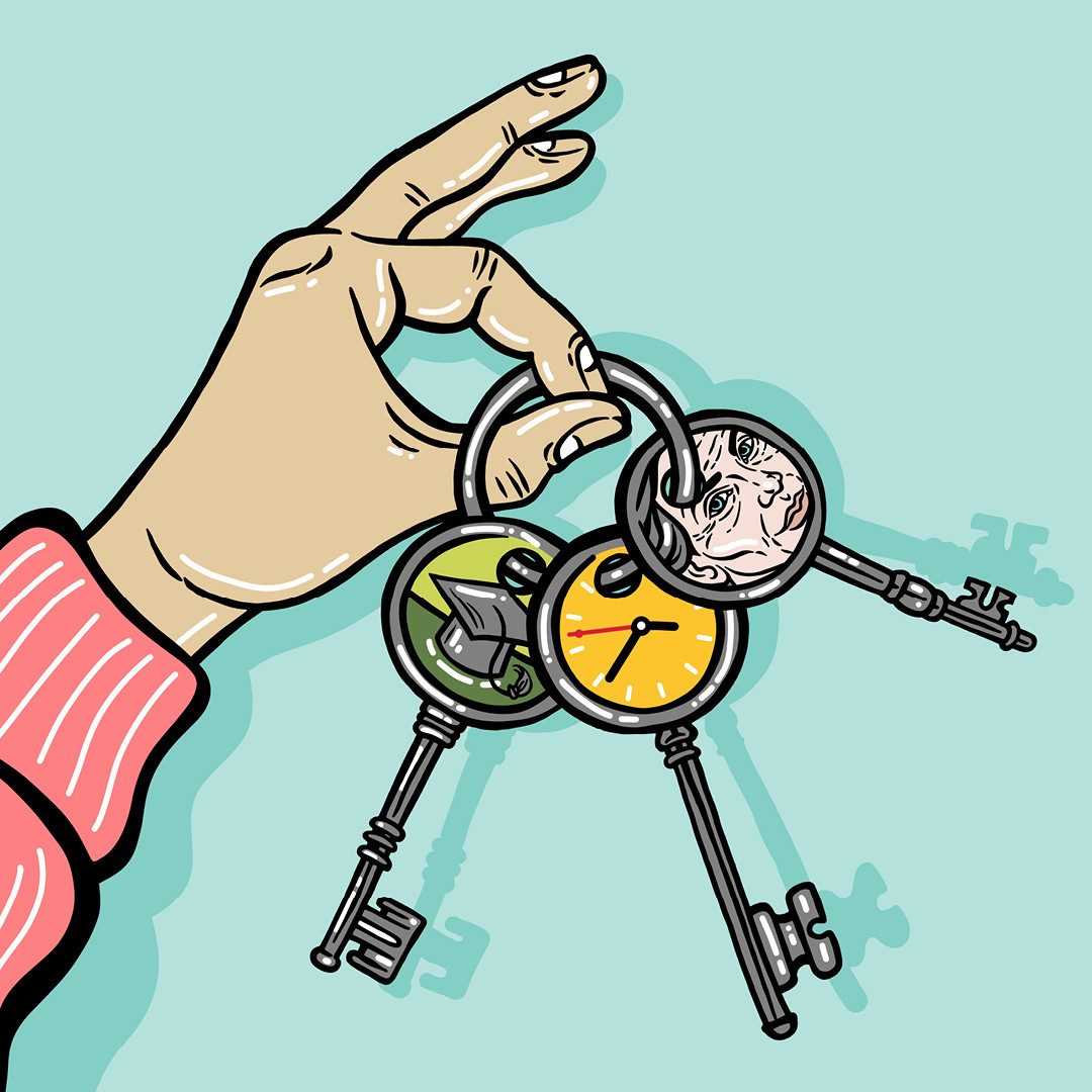 Illustration d’une main tenant un porte-clés présentant différents symboles.