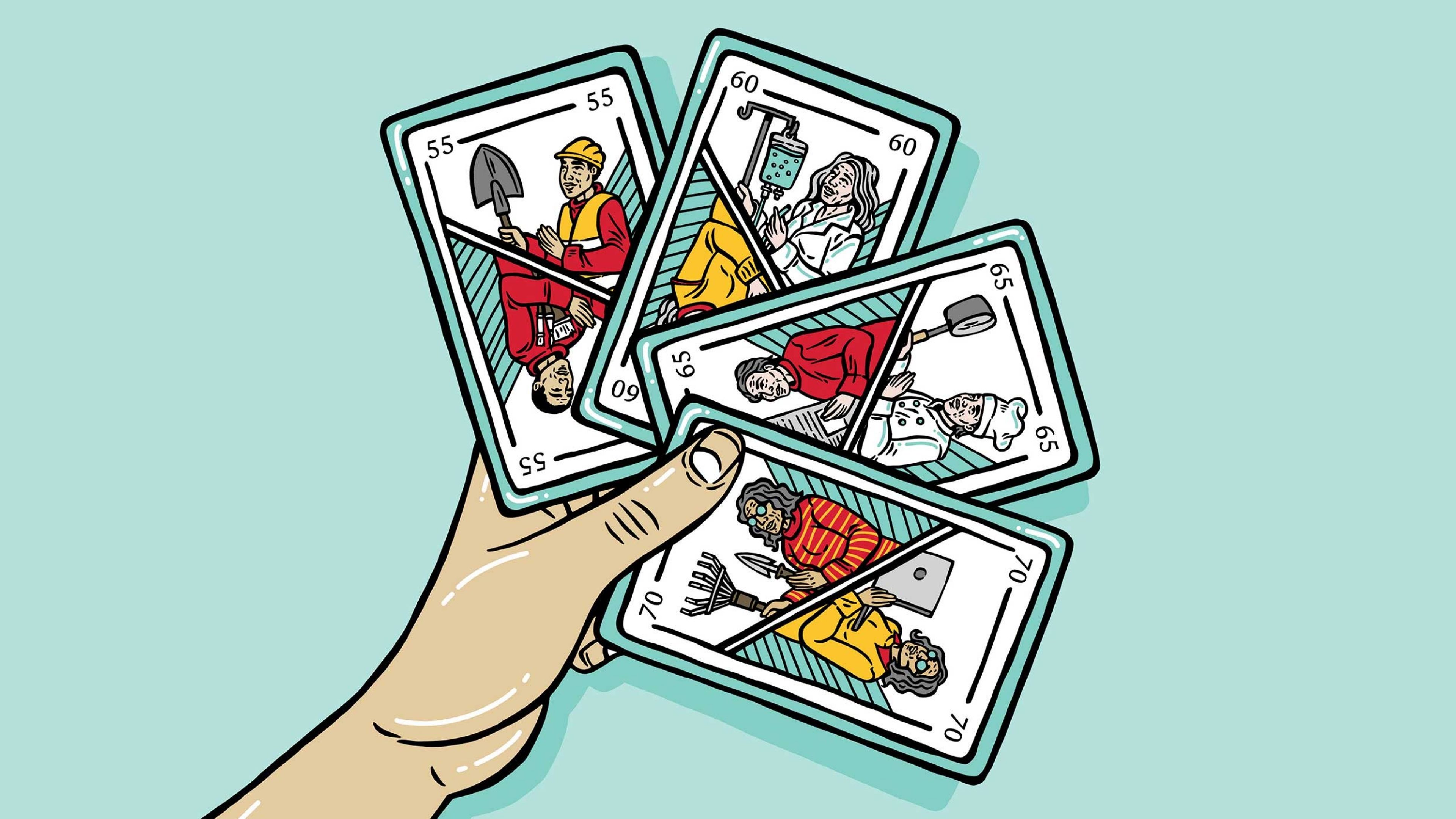 Illustration einer Hand, die ein Spielkarten-Deck hält