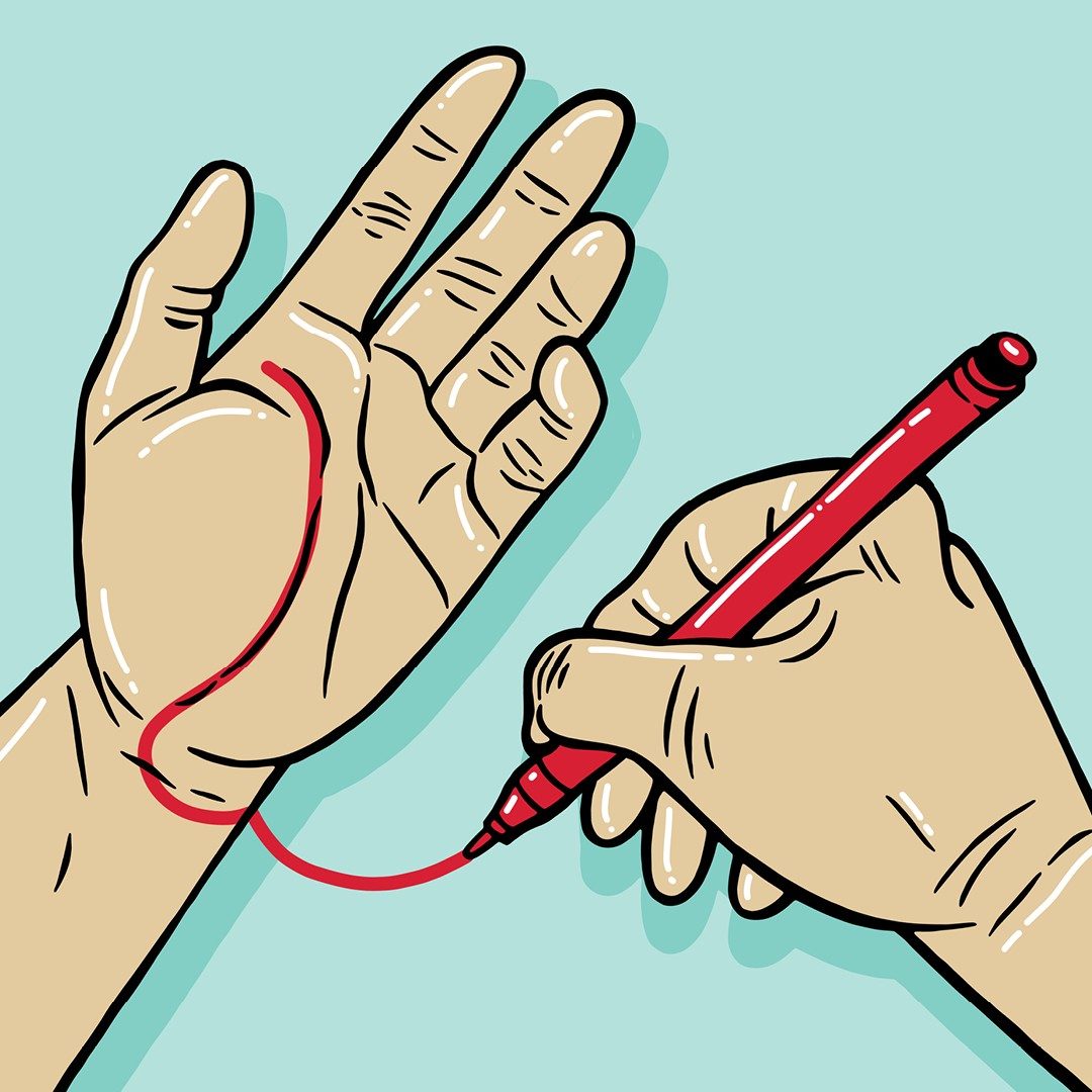 Illustration d’une main avec une ligne de vie dessinée en rouge