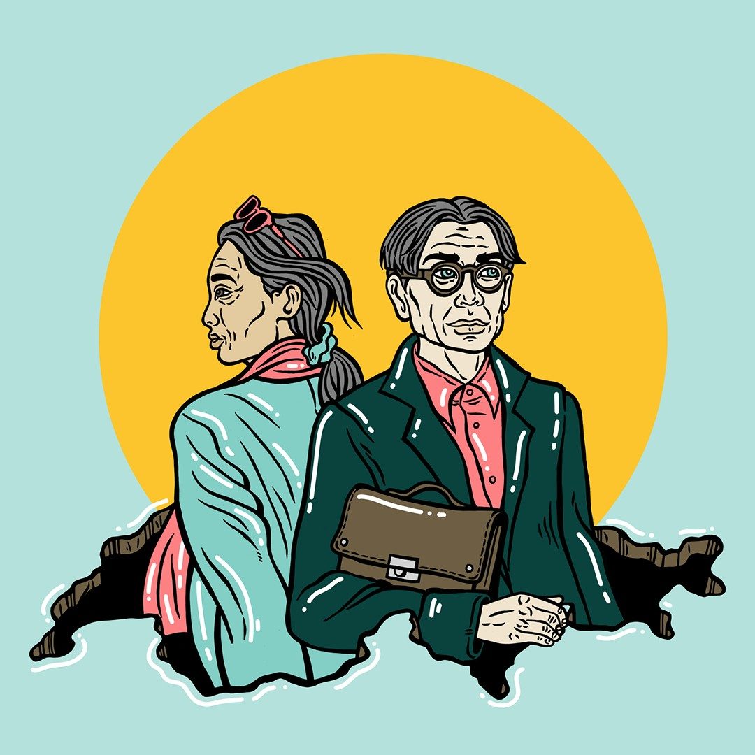 Illustration d’un couple de personnes âgées actives, avec pour arrière-plan les contours d’une carte de la Suisse