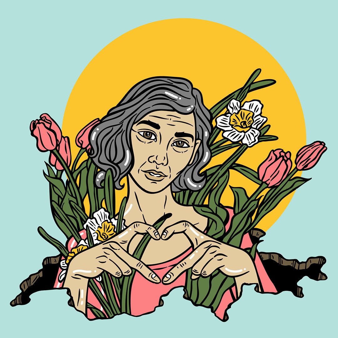 Illustration: Une femme âgée satisfaite forme un cœur avec ses mains au milieu de fleurs. 