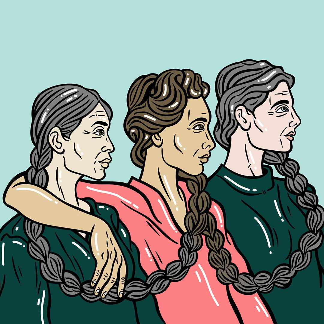 Illustration: Trois femmes aux cheveux entrelacés.