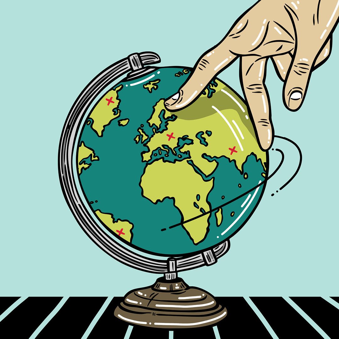 Illustration: Une main fait tourner un globe.