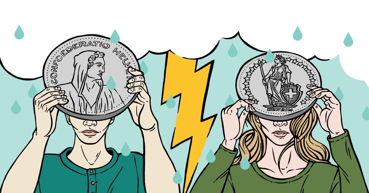L’illustration montre un homme et une femme portant chacun une pièce de monnaie.