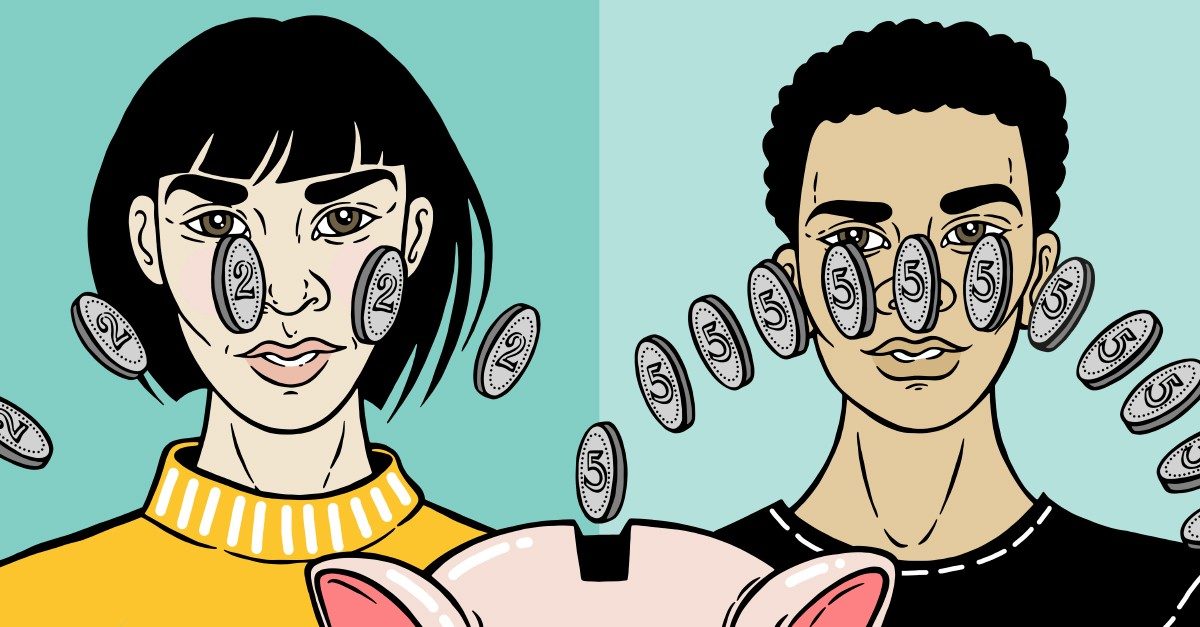L’illustration montre un homme, une femme, une tirelire et des pièces. 
