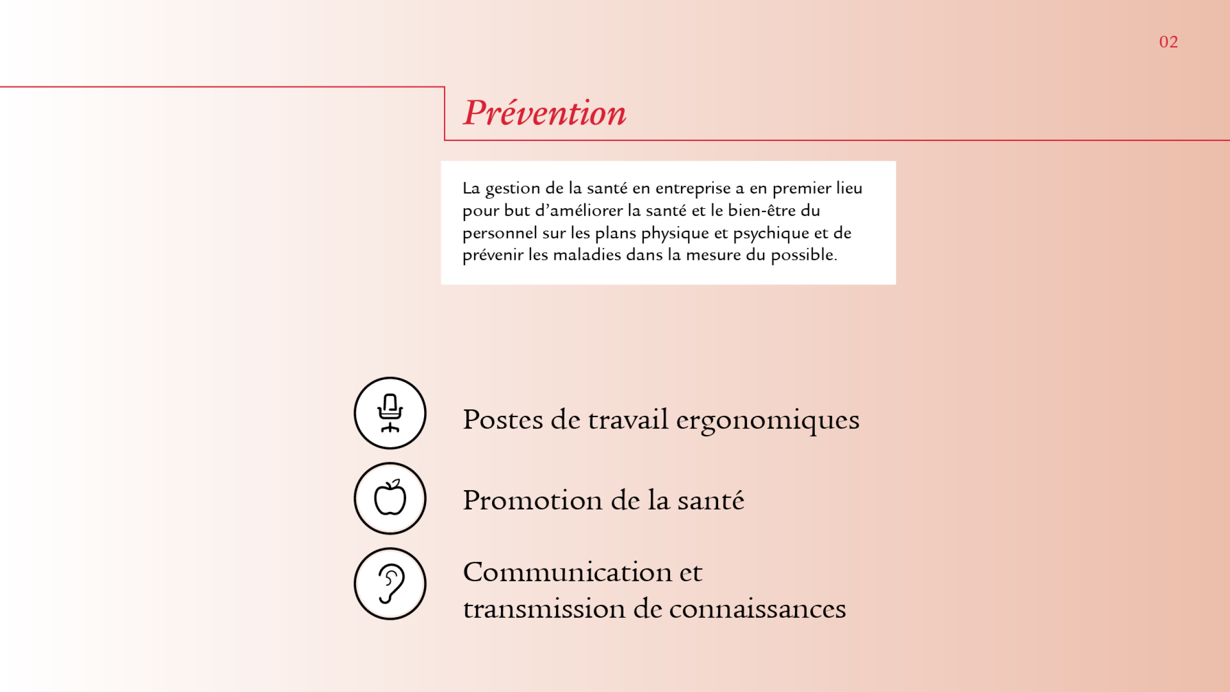 Après l’aperçu général, le texte aborde les différents contenus. Le titre «Prévention» est souligné en rouge. En dessous, on voit un texte dans un encadré. Afin de visualiser les mots-clés les plus importants, les icônes correspondantes sont visibles à côté des mots-clés «postes de travail ergonomiques», «promotion de la santé» et «communication et transmission de connaissances». 