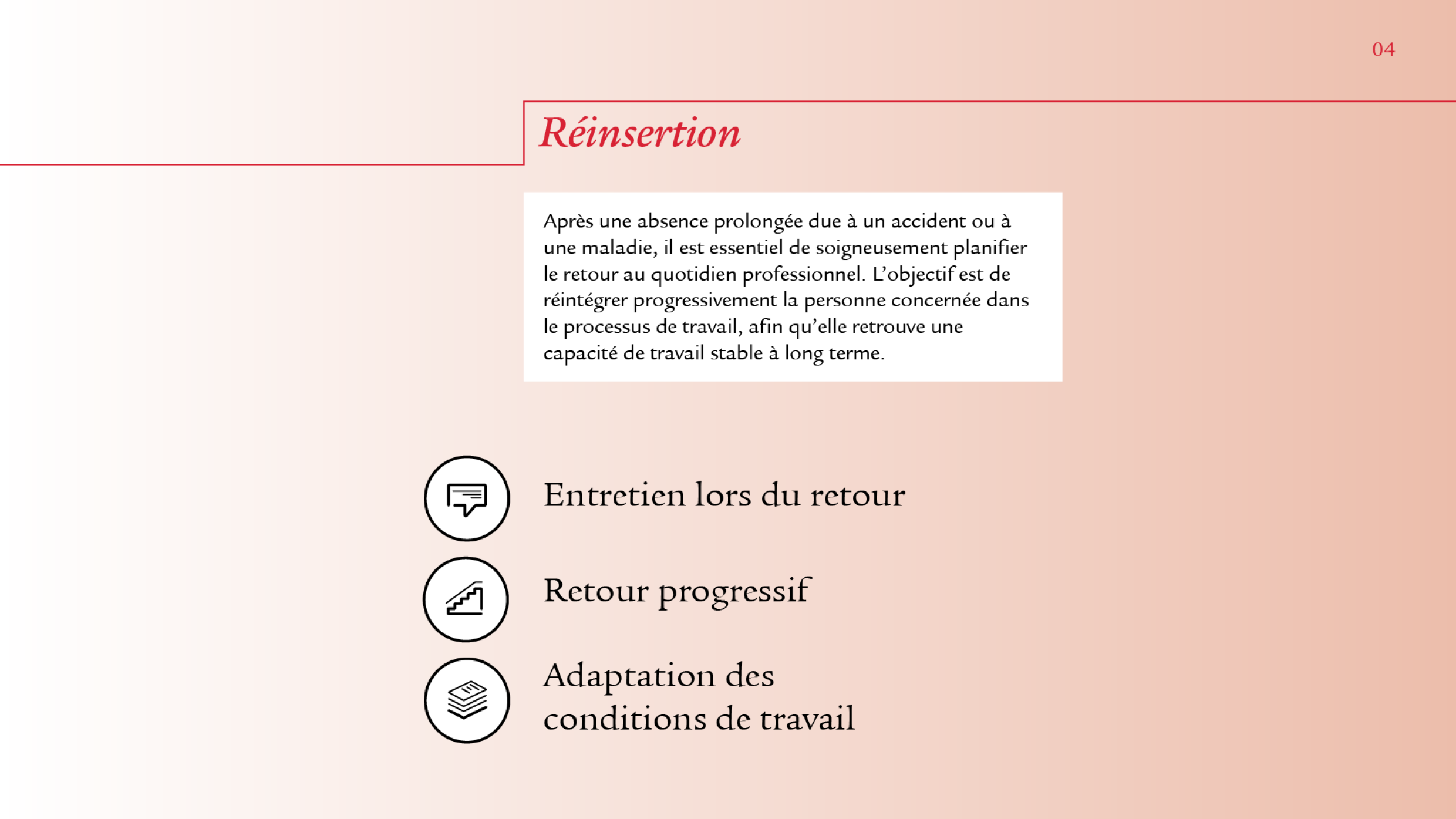 Ici aussi, les informations sont présentées selon le même principe. Le titre «réinsertion» est souligné en rouge, le texte se situe dans l’encadré et des icônes se trouvent à côté des mots-clés «entretien lors du retour», «retour progressif» et «adaptation des conditions de travail».