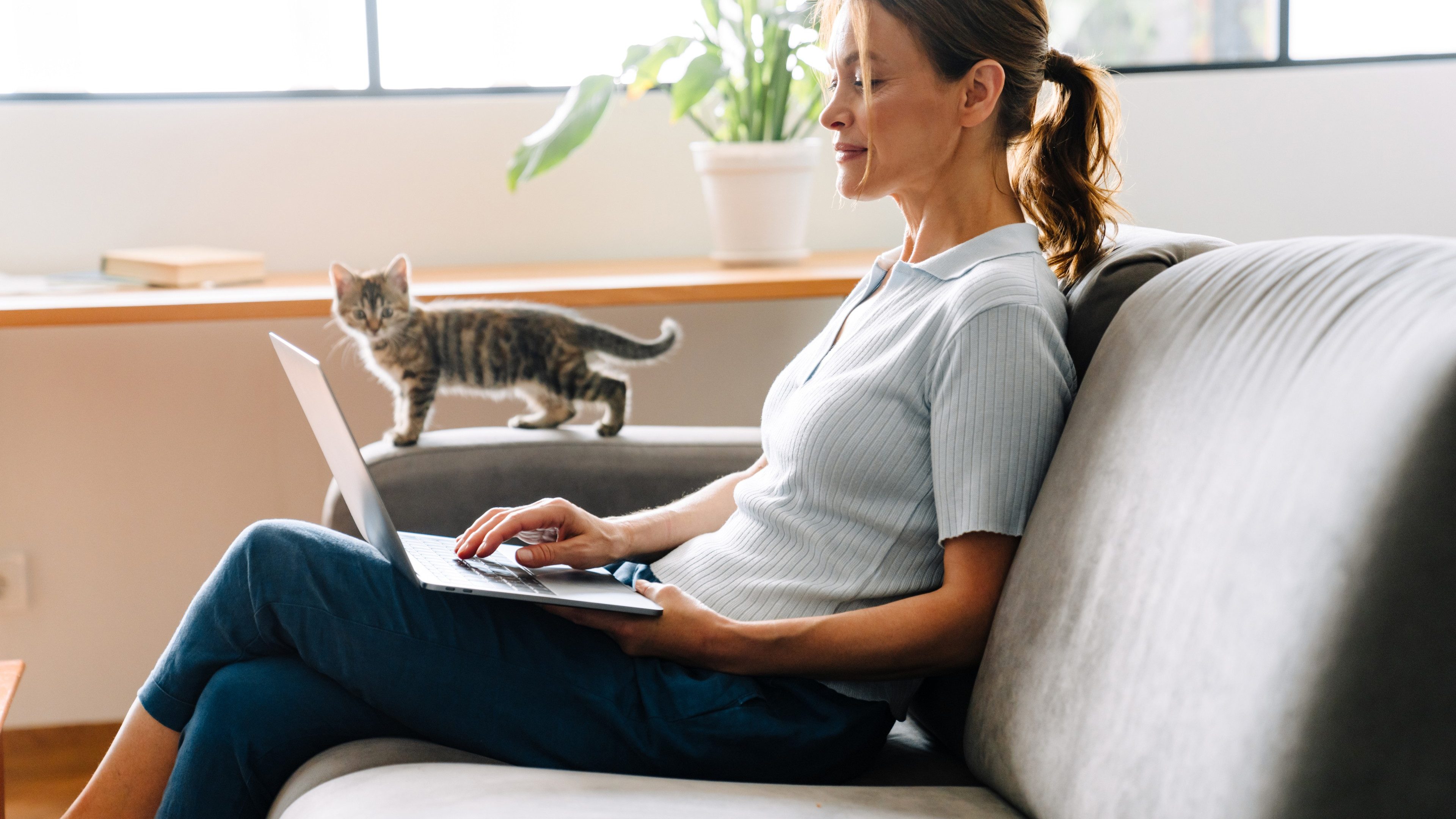 Una donna siede con il suo gatto sul divano e dal laptop si informa sul versamento del pilastro 3a