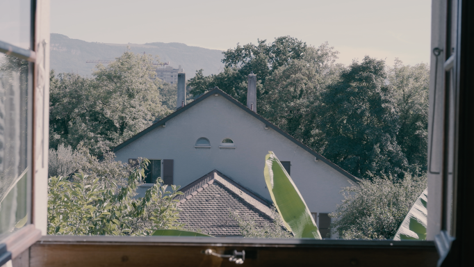 Sguardo su una casa e sugli alberi dalla finestra 