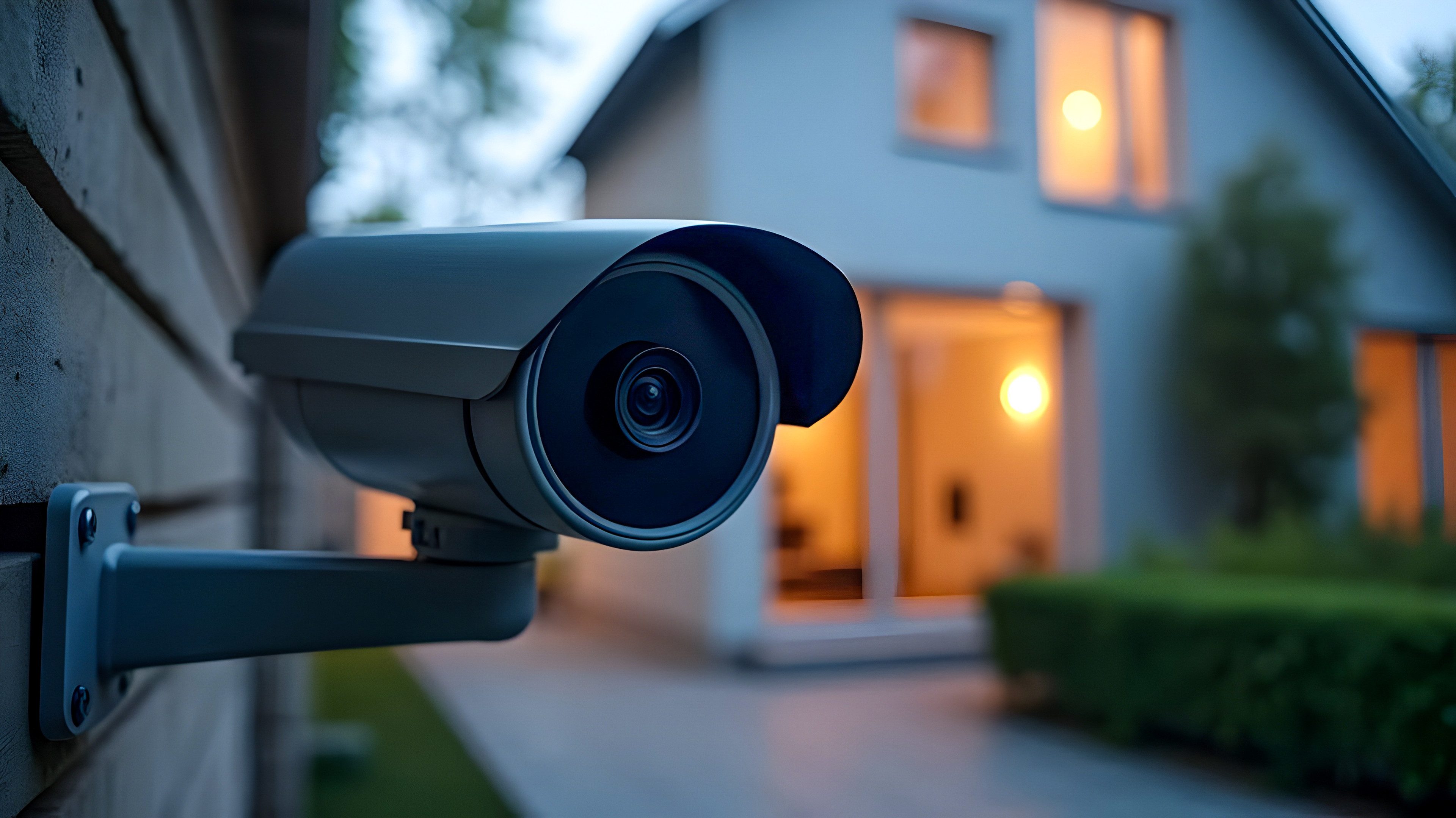 Una telecamera di sicurezza è montata su un muro. Sullo sfondo c’è una casa unifamiliare. È sera, si fa buio, la casa è illuminata.