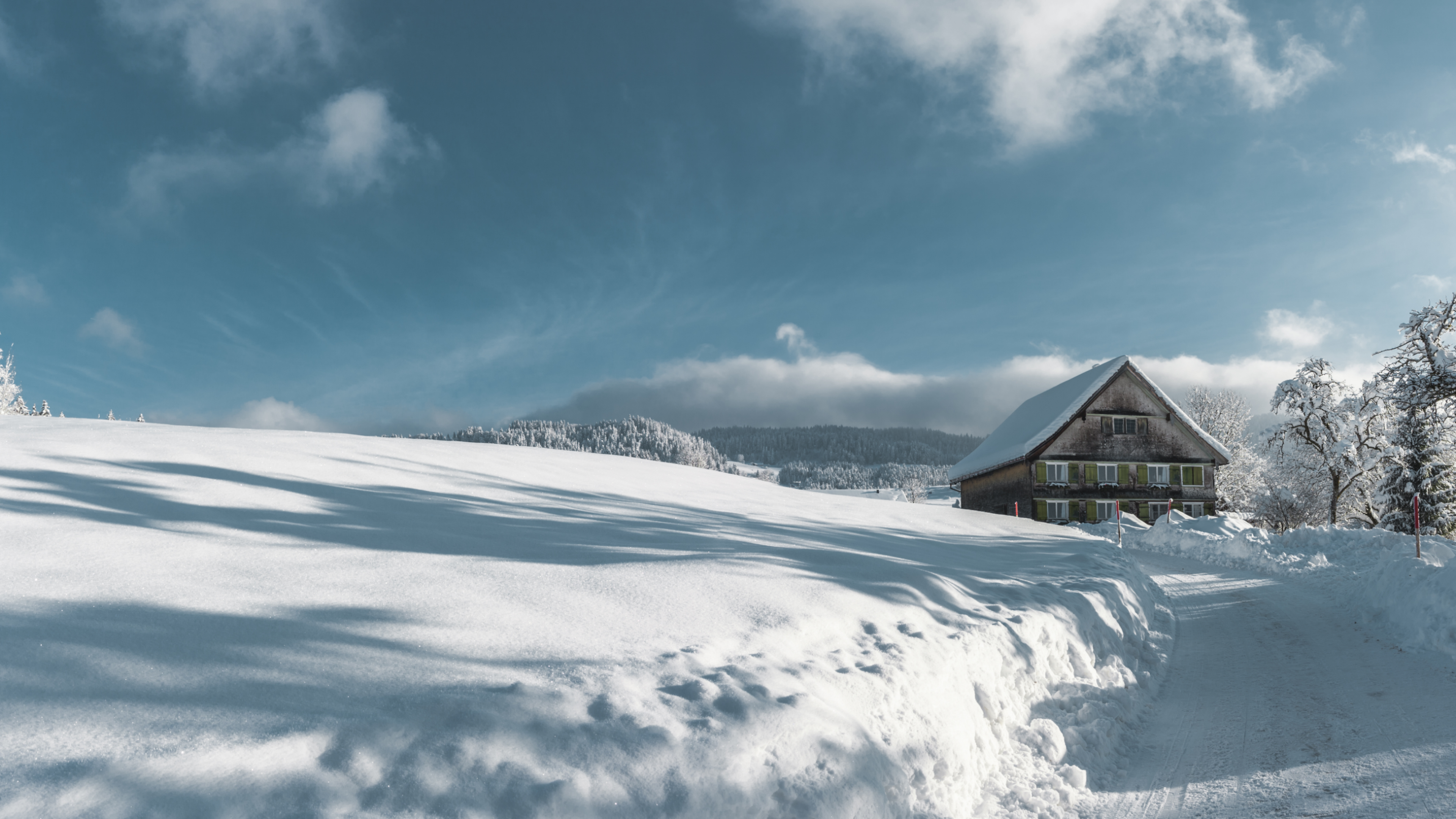 Schneelandschaft mit Strasse und Bauernhaus 