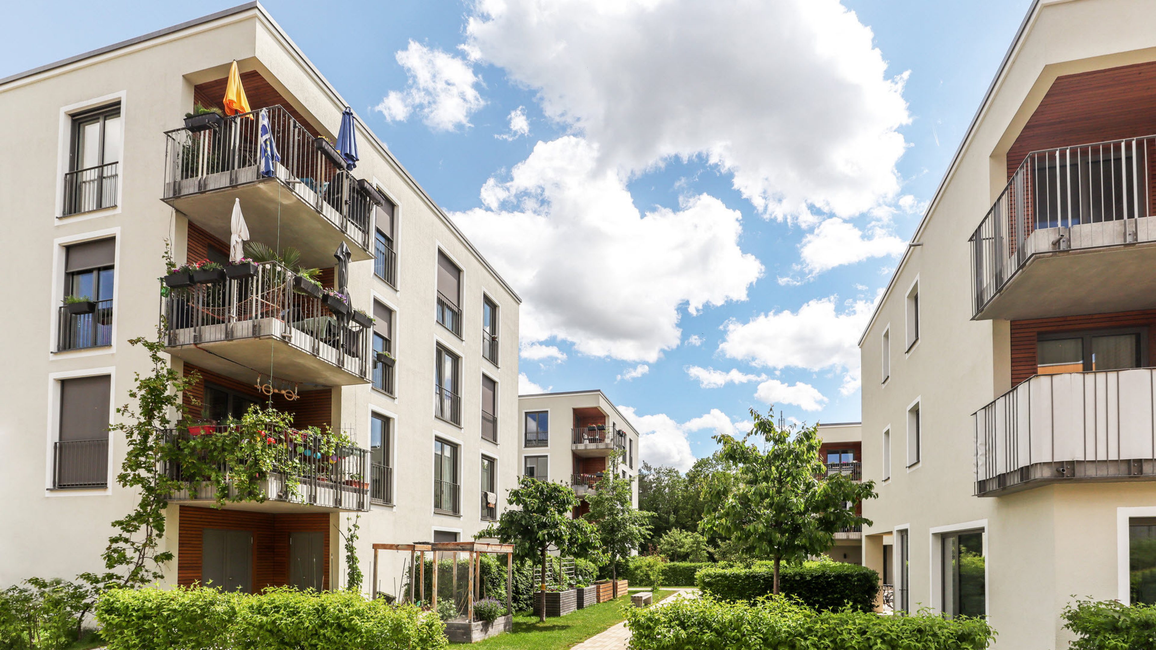 Quartiere residenziale con edifici ad uso abitativo luminosi. I balconi e il cortile interno sono ricoperti di piante.