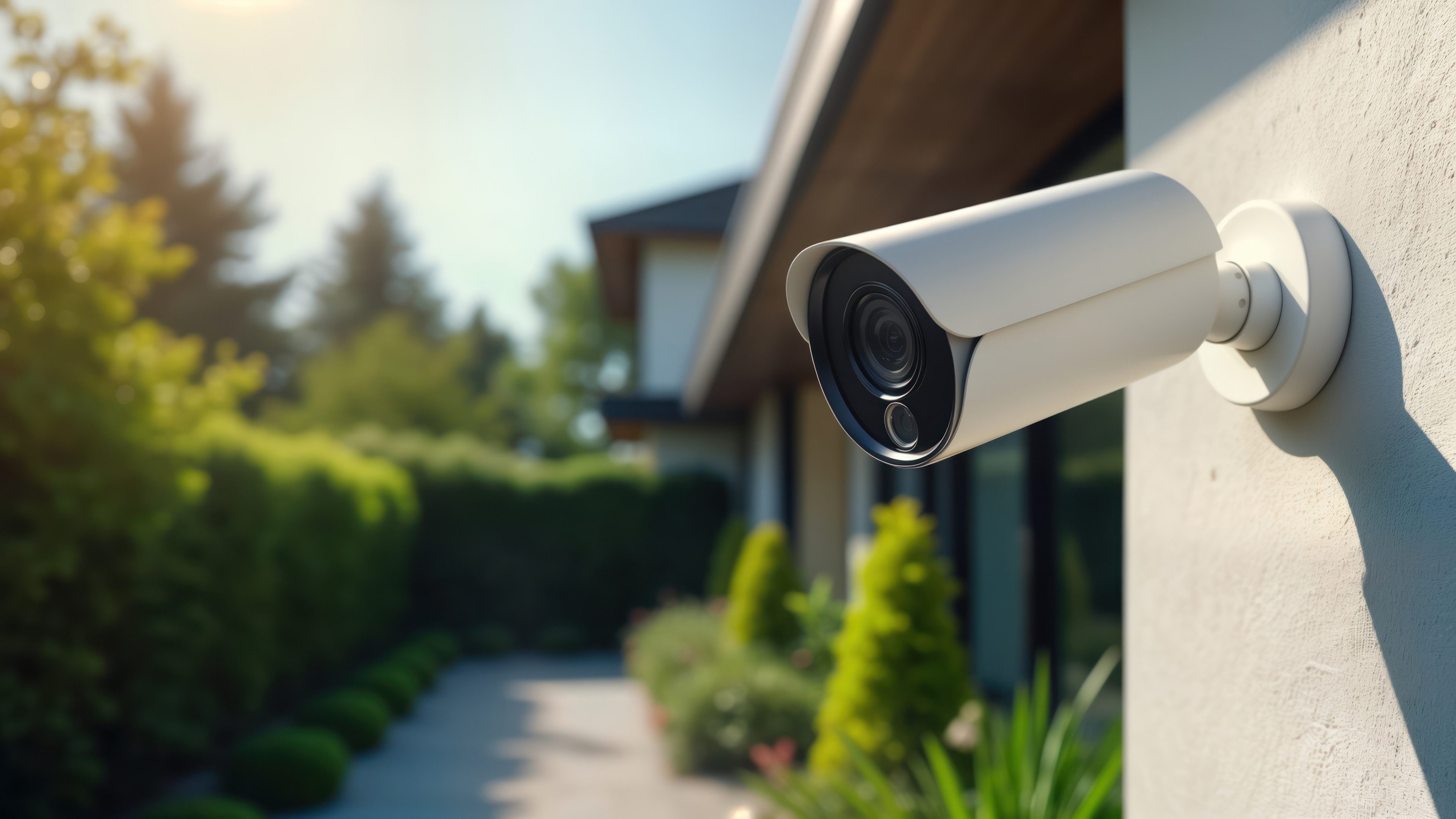 Moderna telecamera di sicurezza montata sulla parete esterna della casa. Sullo sfondo si vedono il giardino e le piante della casa, il cielo è azzurro.