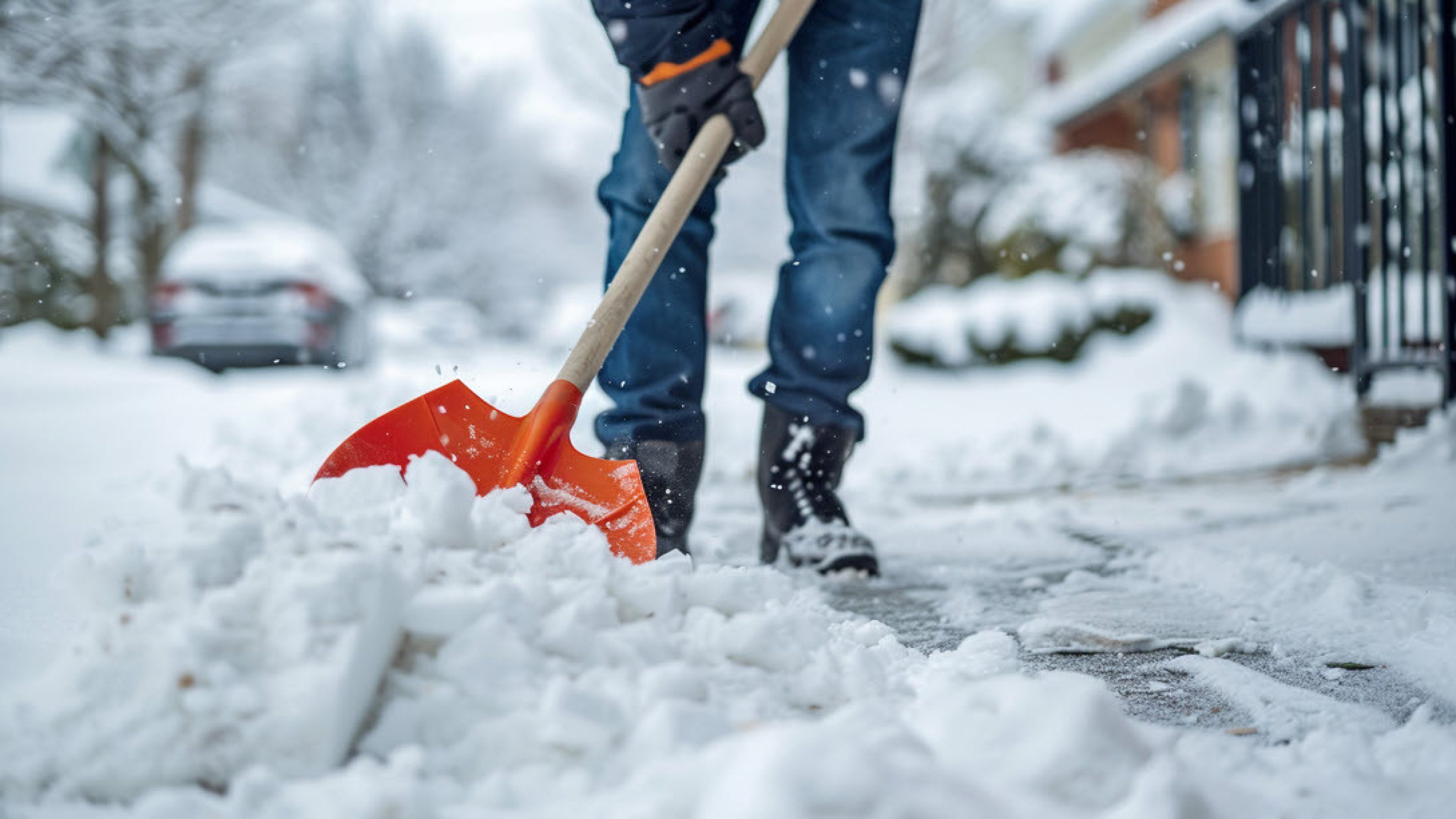 Un uomo spazza la neve dalla strada con una pala da neve rossa. Sullo sfondo ci sono case e un’auto.