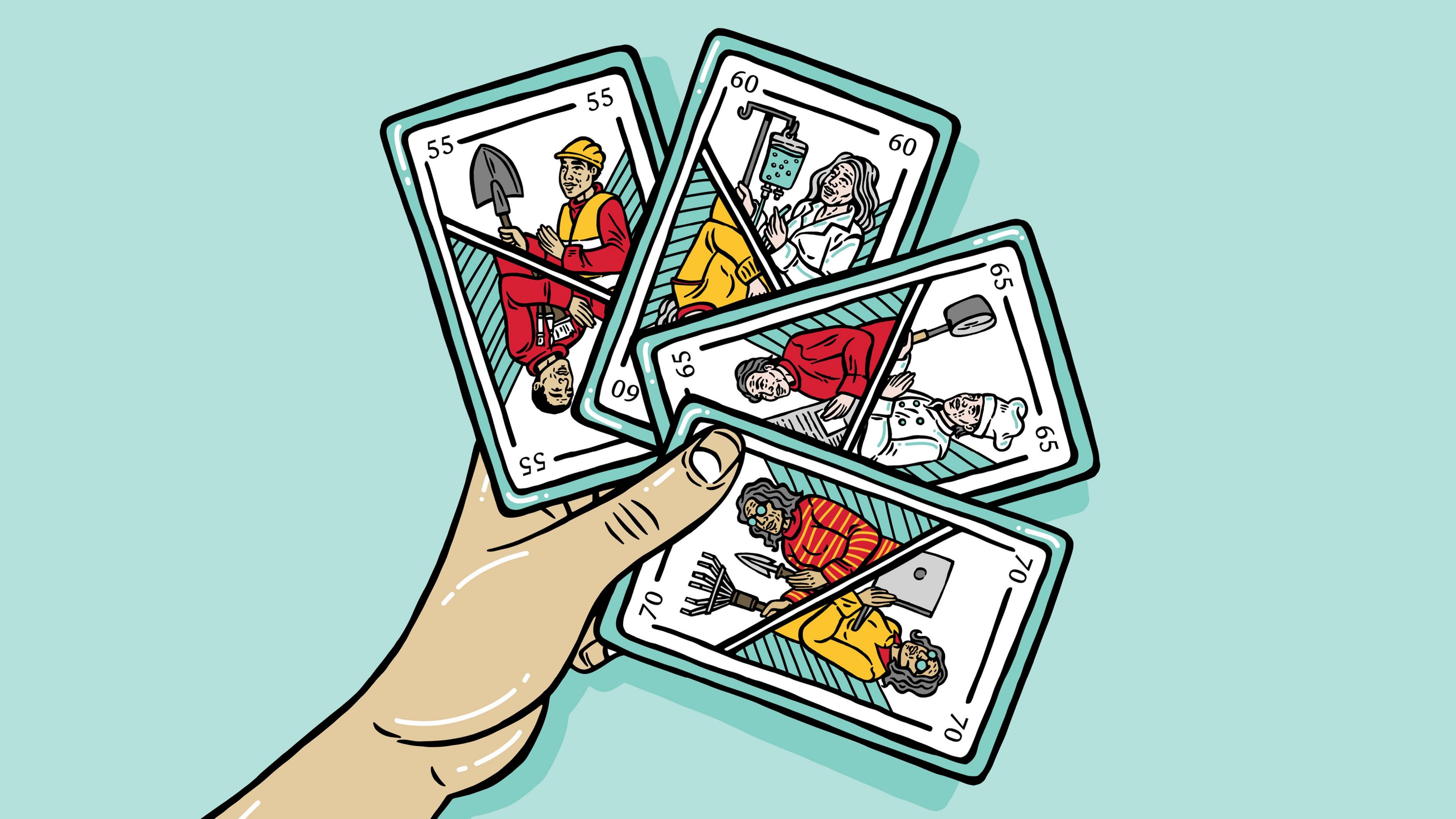 Illustrazione: una mano tiene delle carte sui cui sono raffigurate diverse professioni