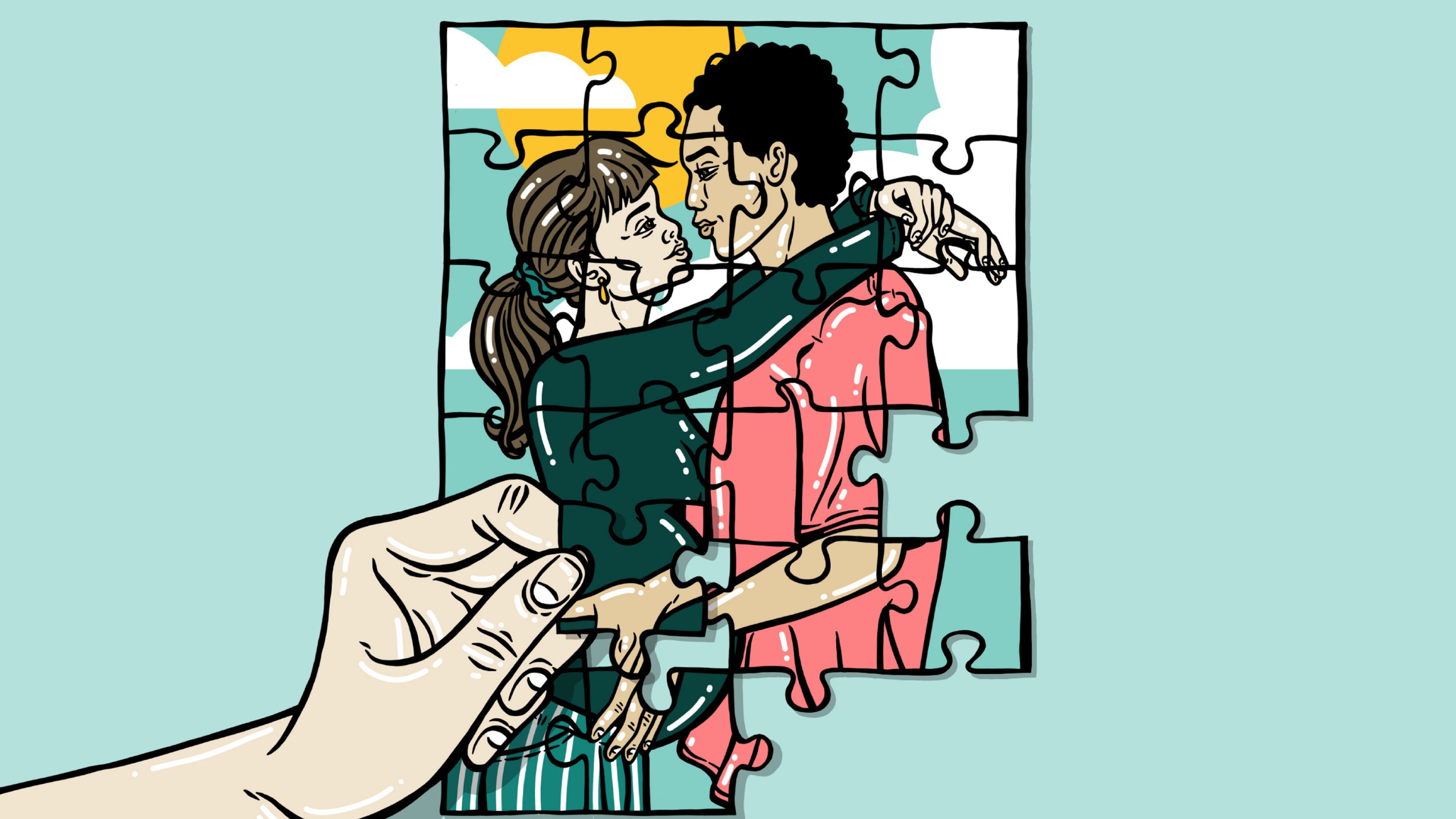 Illustrazione: Una mano compone un puzzle raffigurante una donna incinta e il suo compagno. 