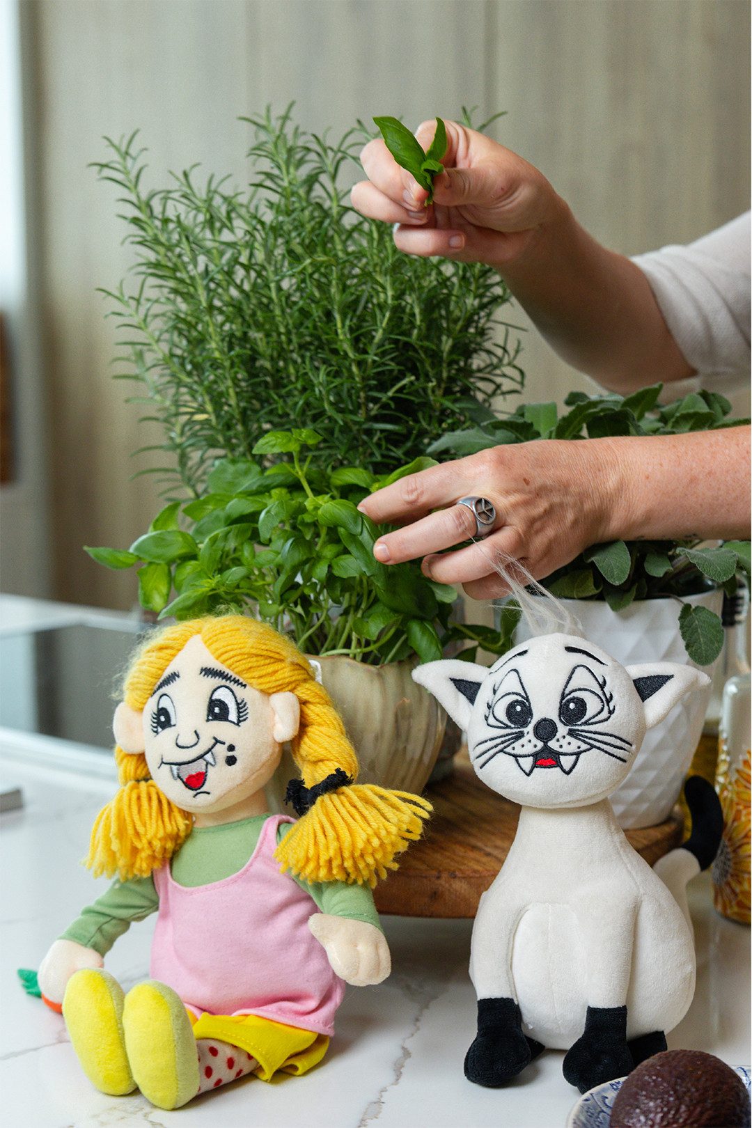 Due pupazzetti del libro di cucina per bambini di Silvia Triebl «Benjamiin» davanti a un vaso di erbe aromatiche.