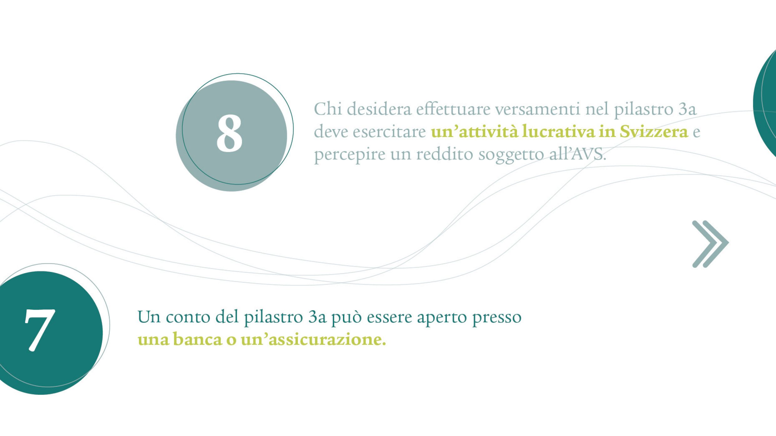 Punto 7: Un conto del pilastro 3a può essere aperto presso una banca o un’assicurazione. Punto 8: Chi desidera effettuare versamenti nel pilastro 3a deve esercitare un’attività lucrativa in Svizzera e percepire un reddito soggetto all’AVS.