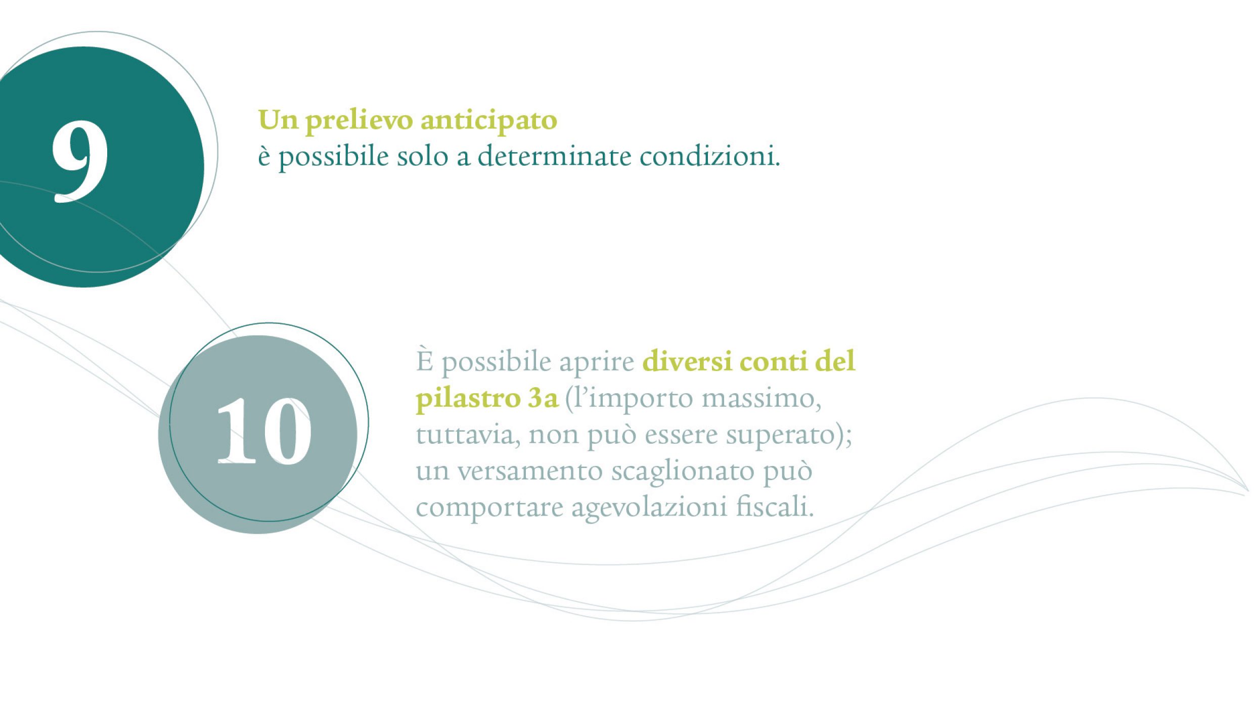 Punto 9: Un prelievo anticipato è possibile solo a determinate condizioni. Punto 10: È possibile aprire diversi conti del pilastro 3a (l’importo massimo, tuttavia, non può essere superato); un versamento scaglionato può comportare agevolazioni fiscali.