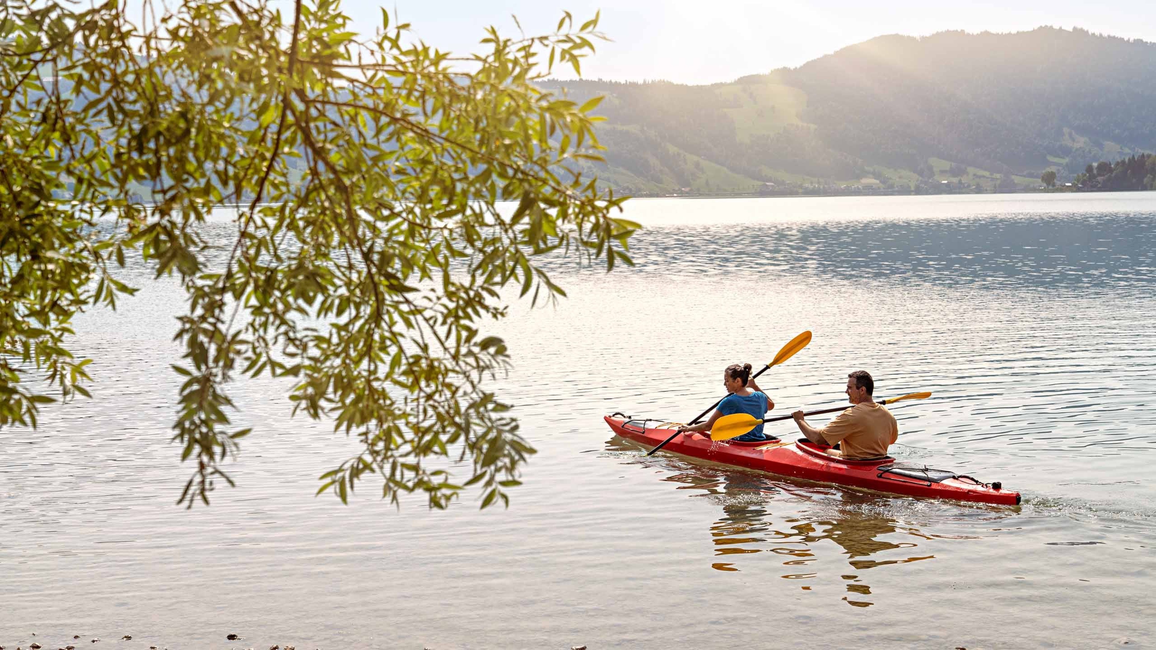 In riva al lago c’è un albero. Una donna e un uomo vanno in canoa. In lontananza, sull’altra sponda del lago si intravedono delle colline.