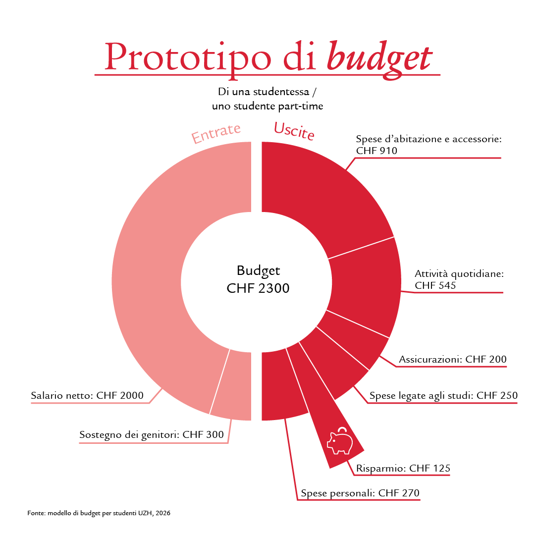 È rappresentata una visualizzazione schematica di un possibile budget per studenti, in questo caso specificamente per studenti part-time. La metà sinistra del grafico a torta è di colore rosa e simboleggia le entrate, mentre la metà destra, evidenziata in rosso, mostra le uscite. Ciascuna sezione del grafico è delimitata da linee bianche e contrassegnata con i rispettivi importi delle entrate e delle uscite. Un segmento particolarmente evidenziato ha il simbolo in bianco di un salvadanaio a forma di porcellino. Questo elemento dovrebbe sottolineare l’importanza e attirare l’attenzione sul risparmio in modo mirato. 