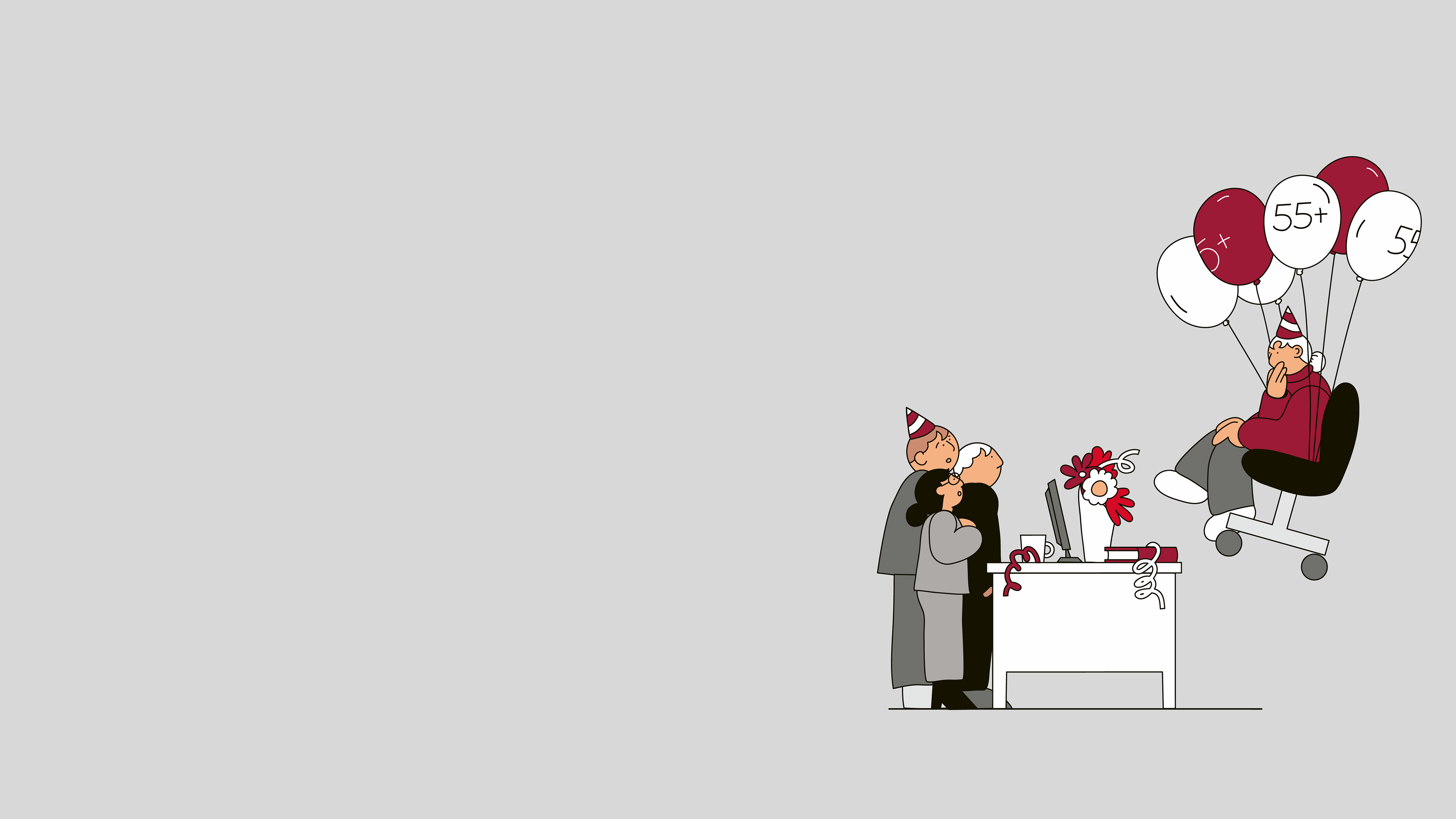 Illustrazione di una festa in ufficio con persone anziane, palloncini «55+» e fiori e stelle filanti sul tavolo dell’ufficio.