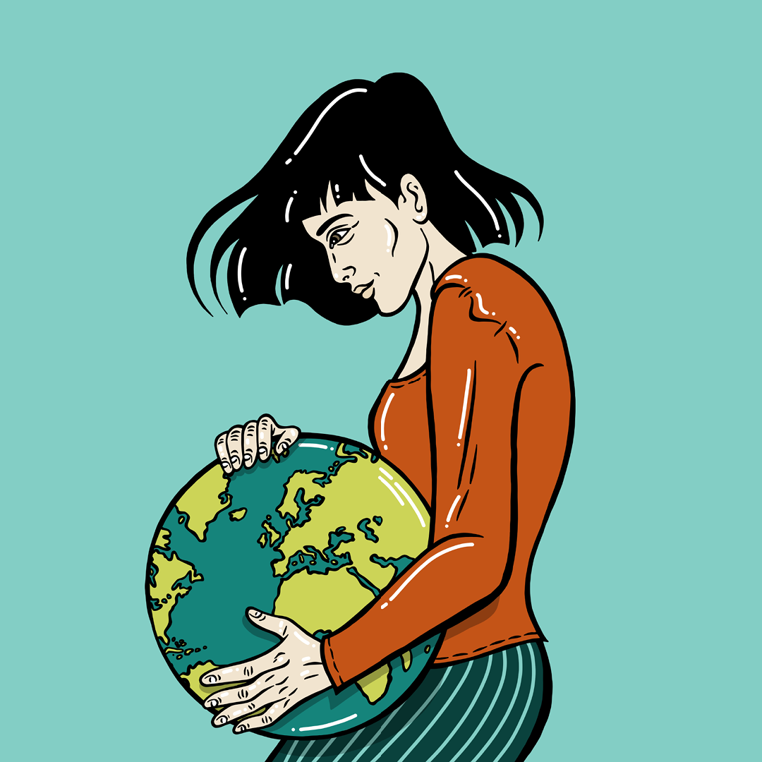 Illustrazione: Una donna tiene il mondo tra le mani come se fosse un pancione.