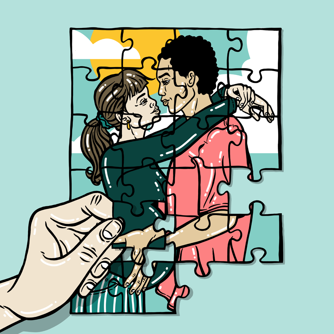 Illustrazione: Una mano compone un puzzle raffigurante una donna incinta e il suo compagno.