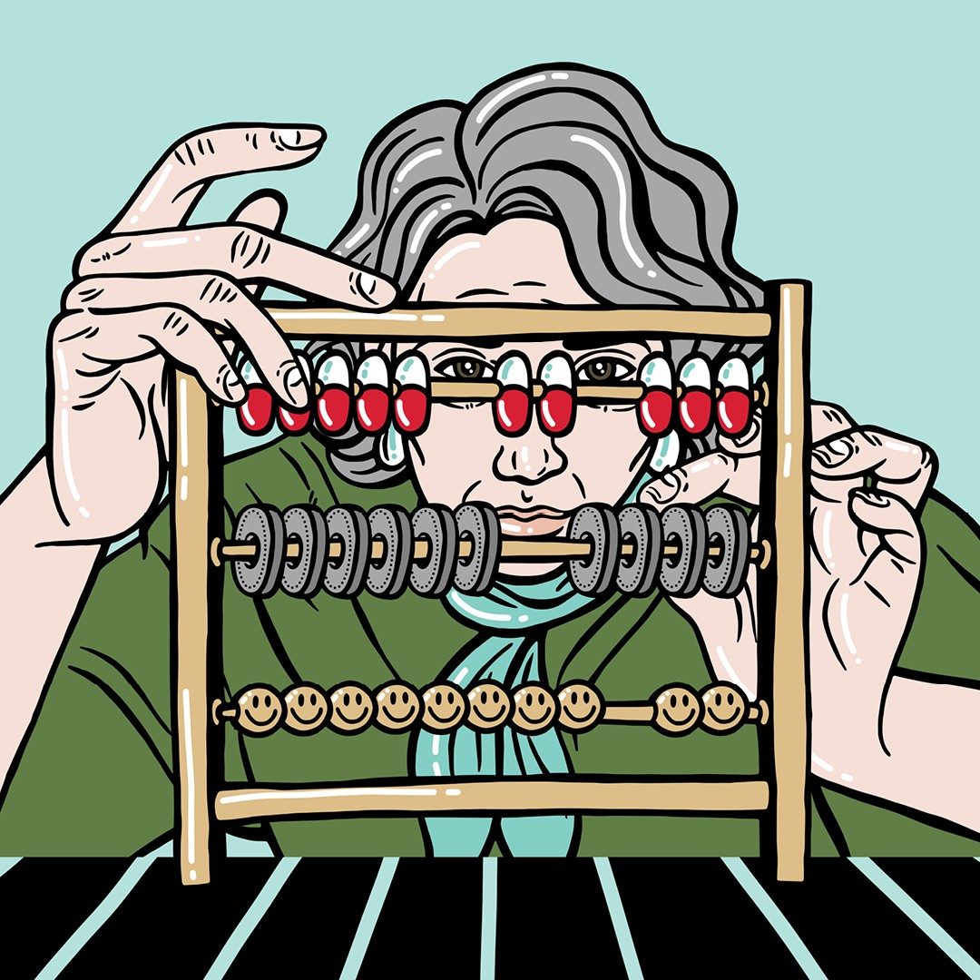 Illustrazione di una donna che guarda un pallottoliere