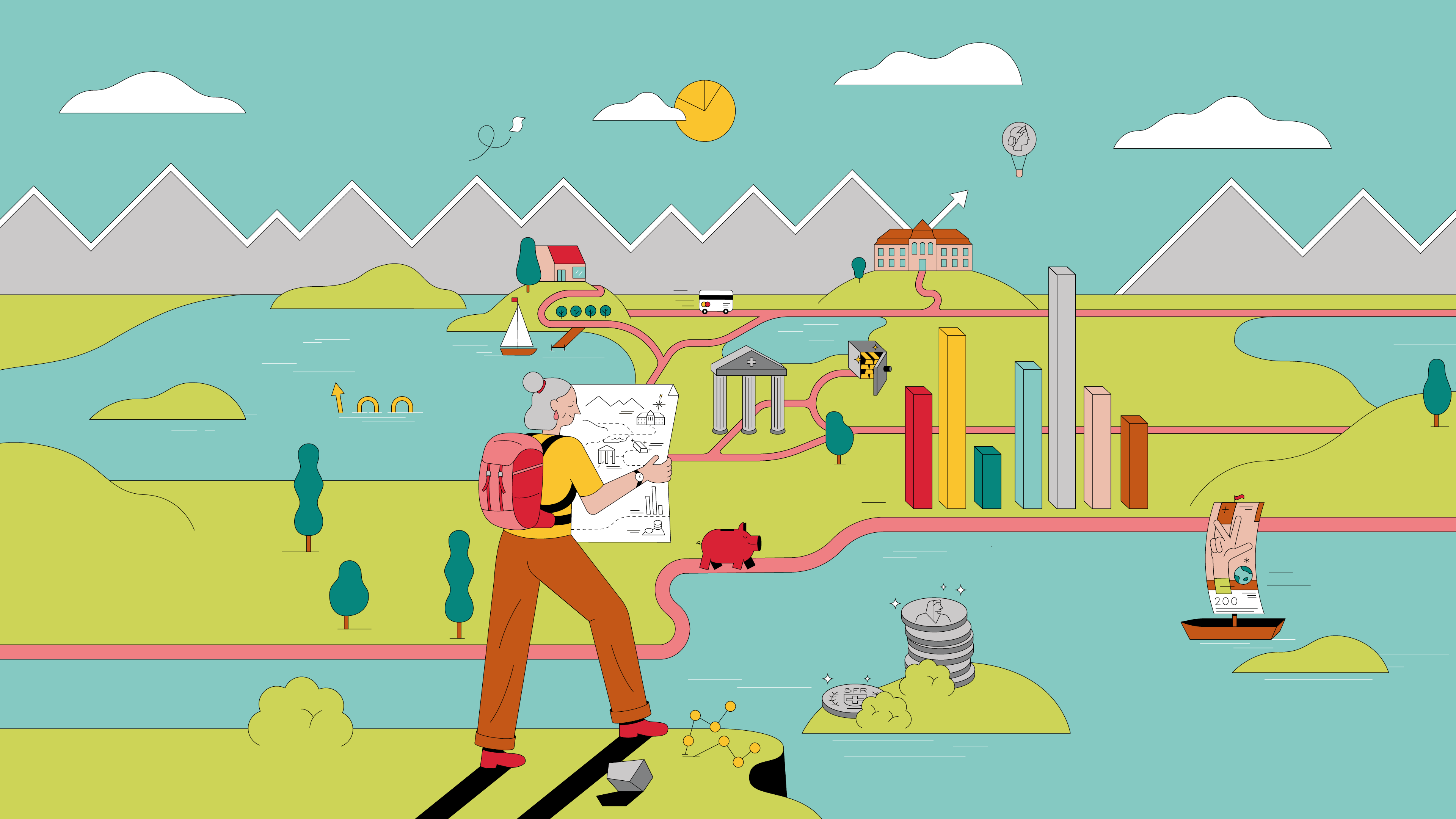  Illustrazione: un’immagine ricca di dettagli mostra il panorama previdenziale in Svizzera.    