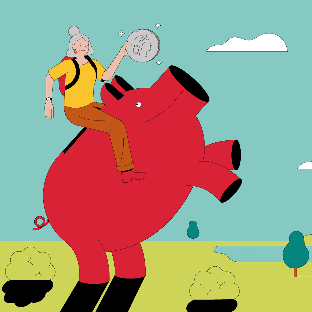 Illustrazione: una donna con una moneta in mano cavalca, come in un rodeo, un gigantesco salvadanaio svizzero. 
