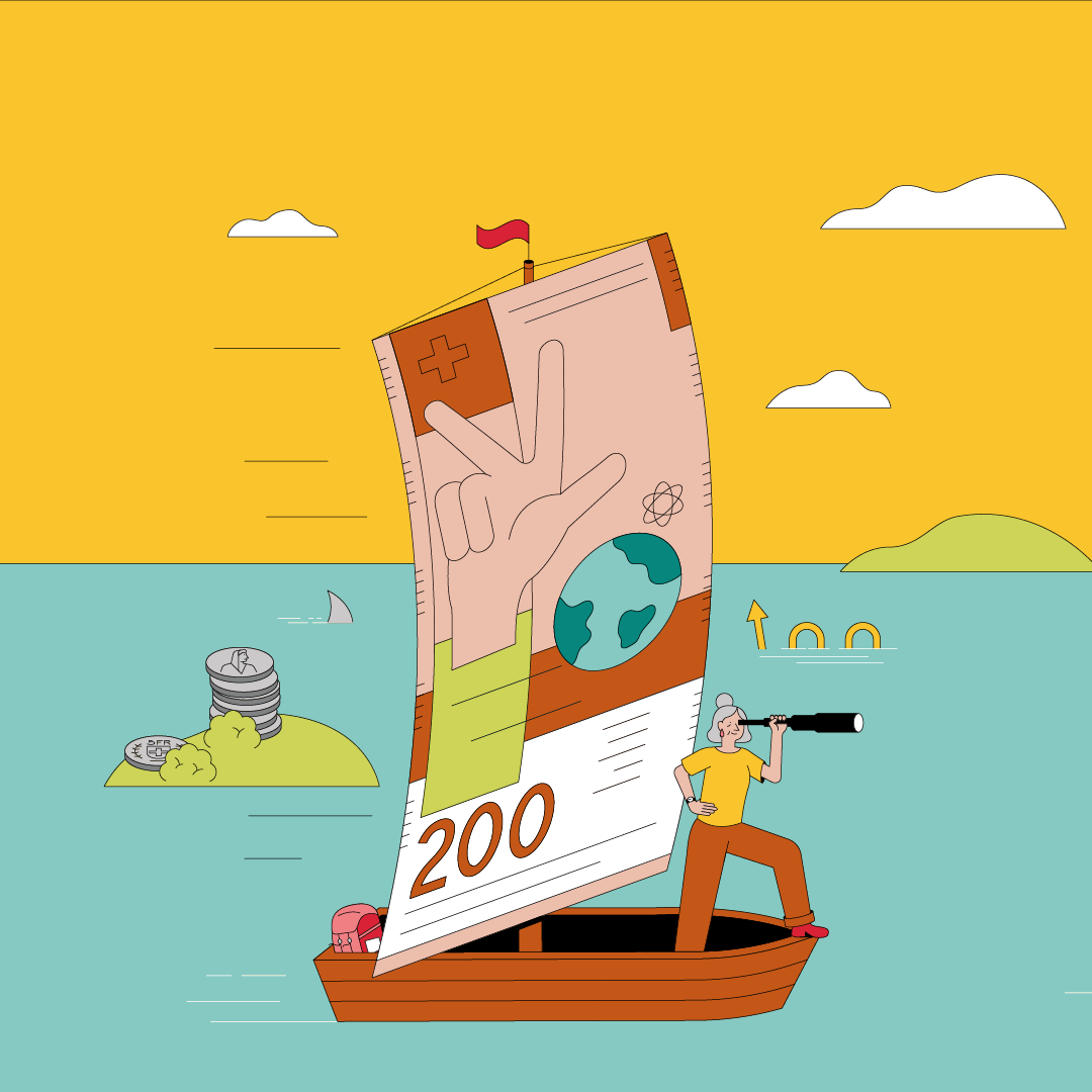 Illustrazione: una donna si trova a prua di una barca a vela e guarda attraverso un cannocchiale