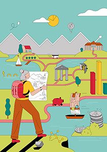 Illustrazione: un’immagine ricca di dettagli mostra il panorama previdenziale in Svizzera.